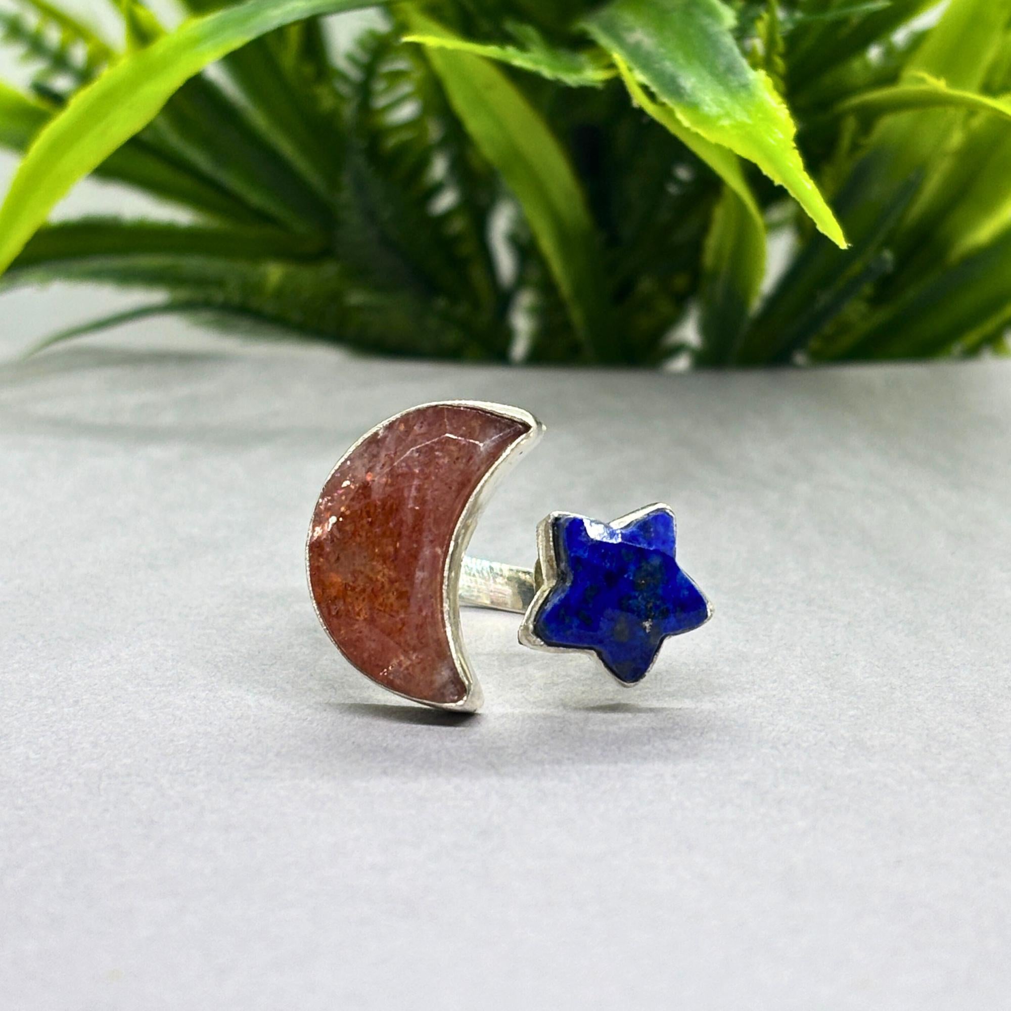 Sunstone Moon & Lapis Lazuli Star Ring: Sterling Silver Celestial Boho Jewelry