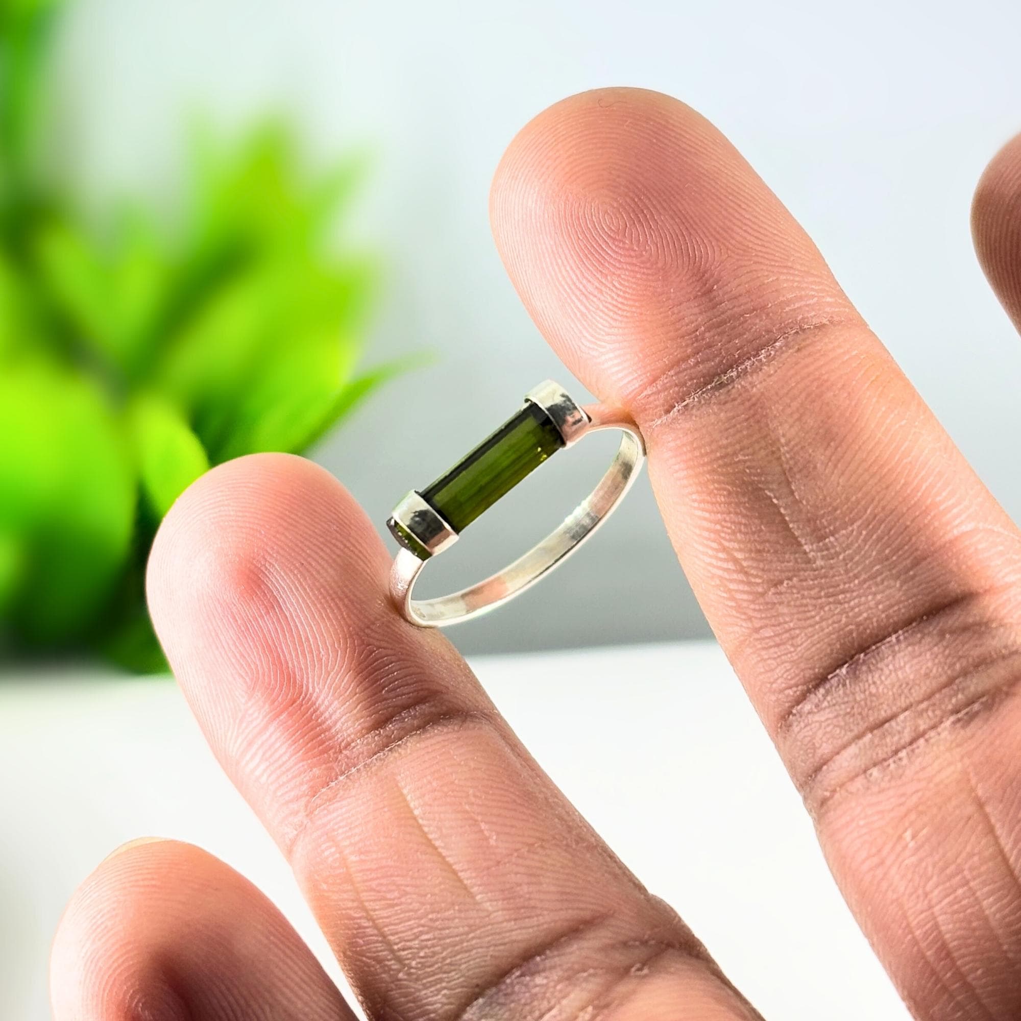 Raw Green Tourmaline Bar Ring: Handcrafted Sterling Silver Minimalist Ring