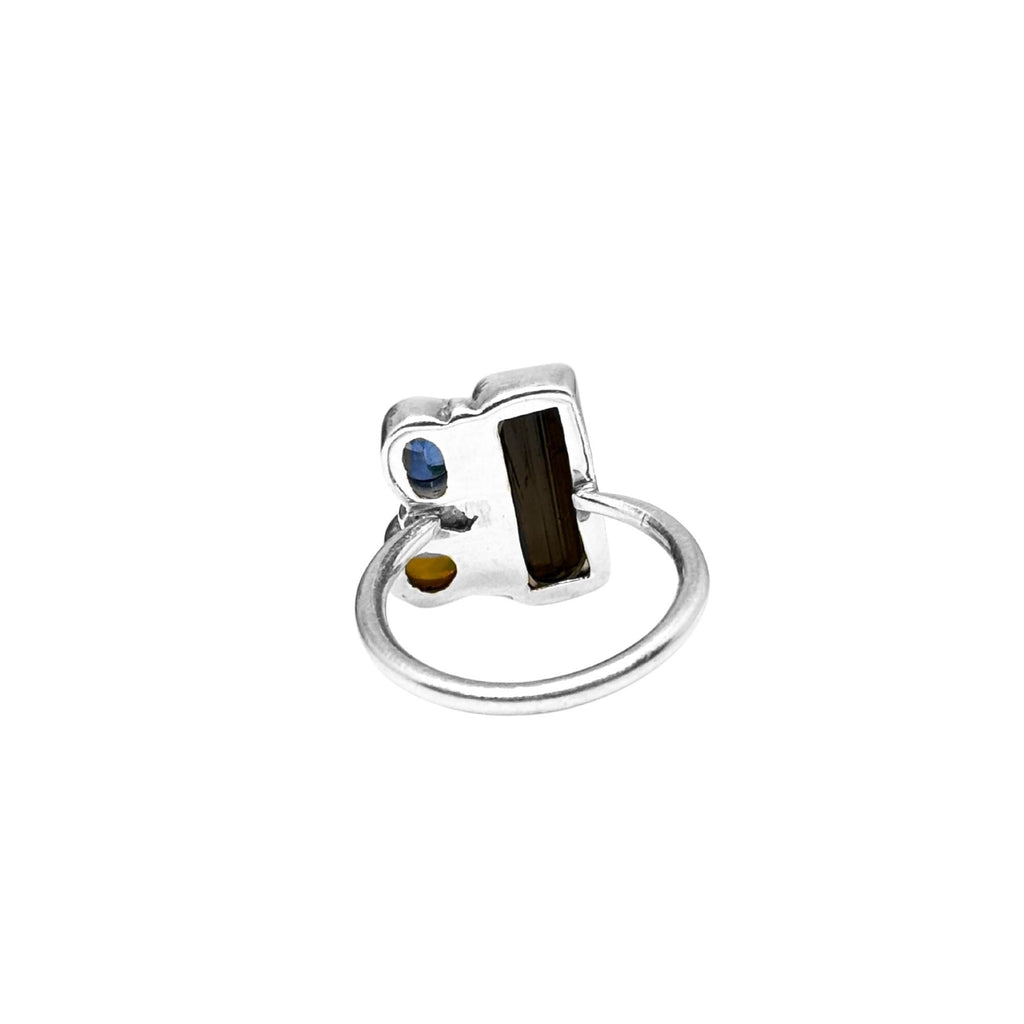 Raw Tourmaline, Opal & Sapphire Ring: Sterling Silver Handmade Jewelry