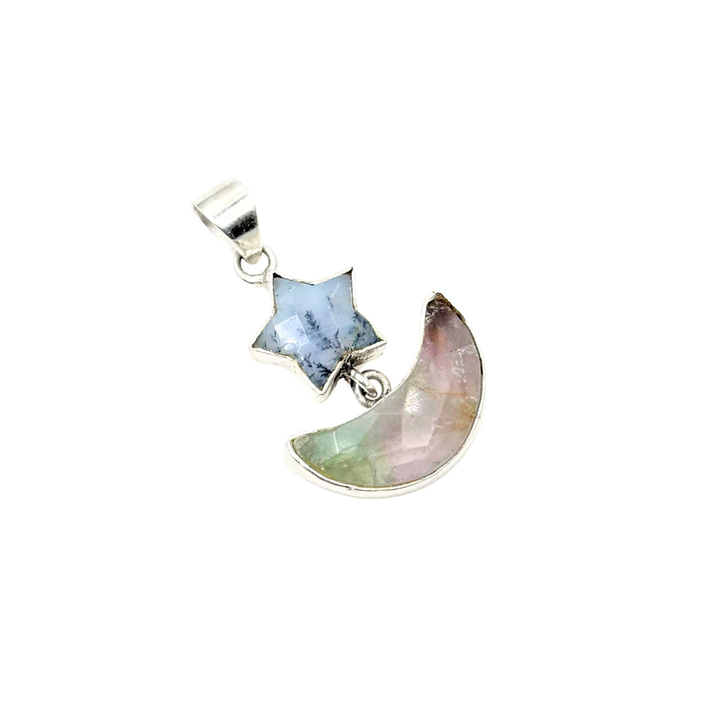 Dendritic Agate Star and Rainbow Fluorite Moon Pendant in 925 Sterling Silver – Celestial Gemstone Necklace, Boho Jewelry Gift for Her