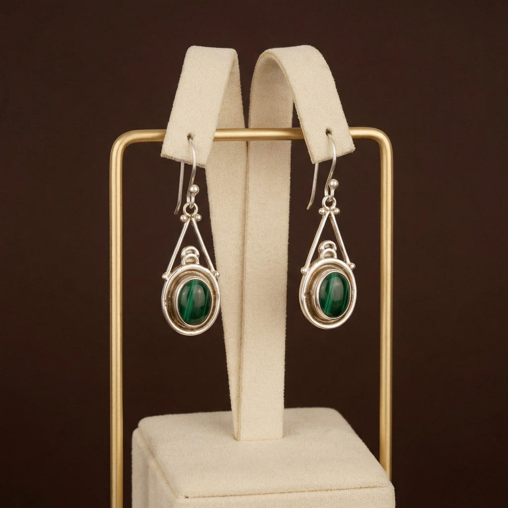 Malachite Oval Drop Earrings | 925 Sterling Silver, Boho Gemstone Dangle