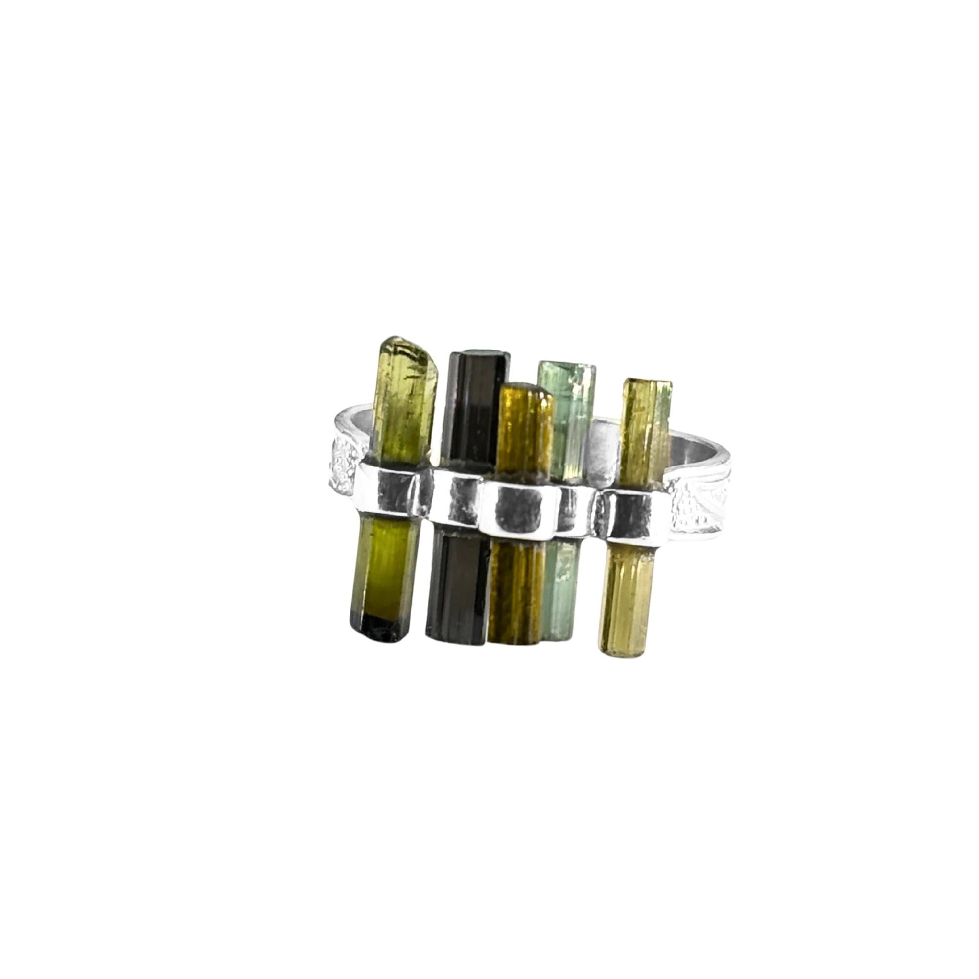 Raw Green Tourmaline Bar Ring: Sterling Silver Minimalist Stacking Ring
