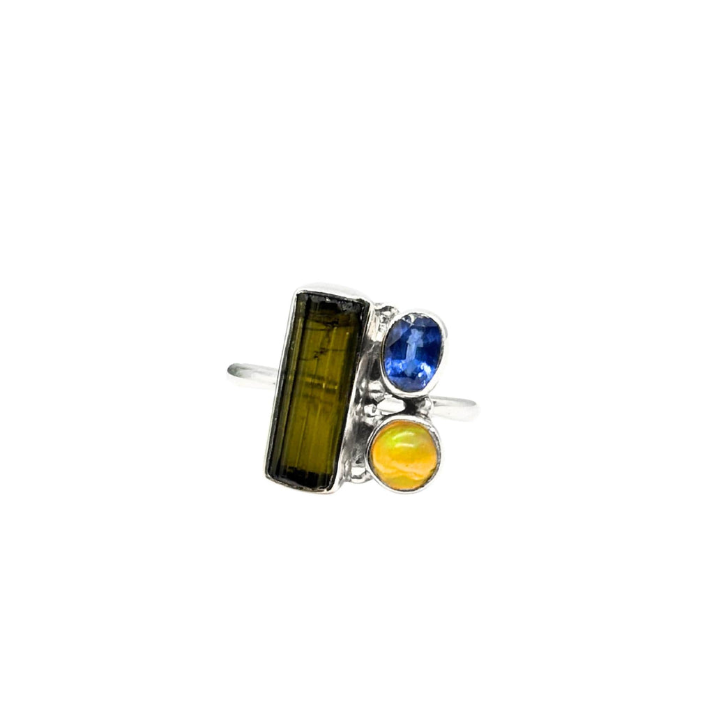 Raw Tourmaline, Opal & Sapphire Ring: Sterling Silver Handmade Jewelry