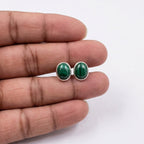Oval Malachite Stud Earrings 925 Sterling Silver - Natural Green Cabochon Minimalist