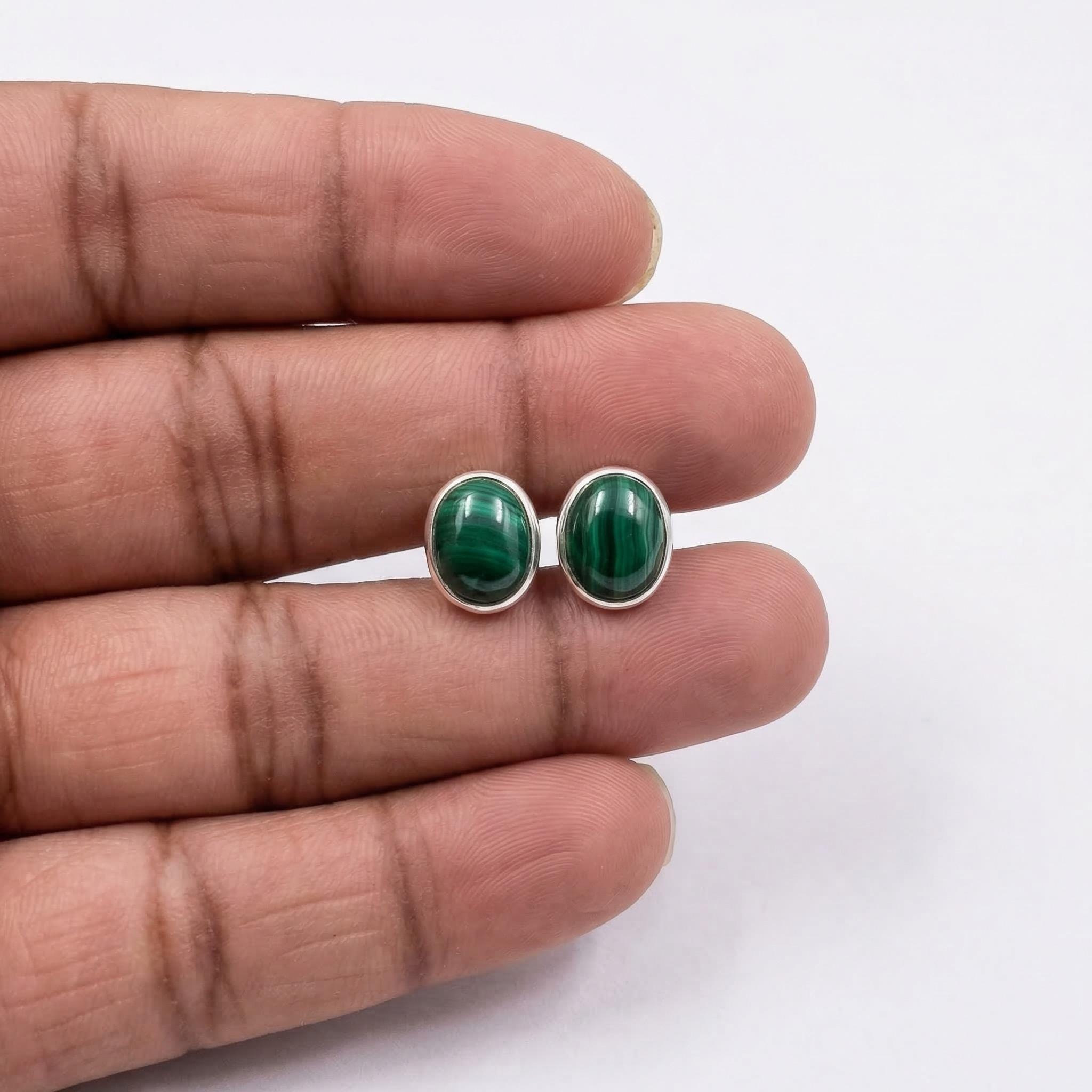 Oval Malachite Stud Earrings 925 Sterling Silver - Natural Green Cabochon Minimalist