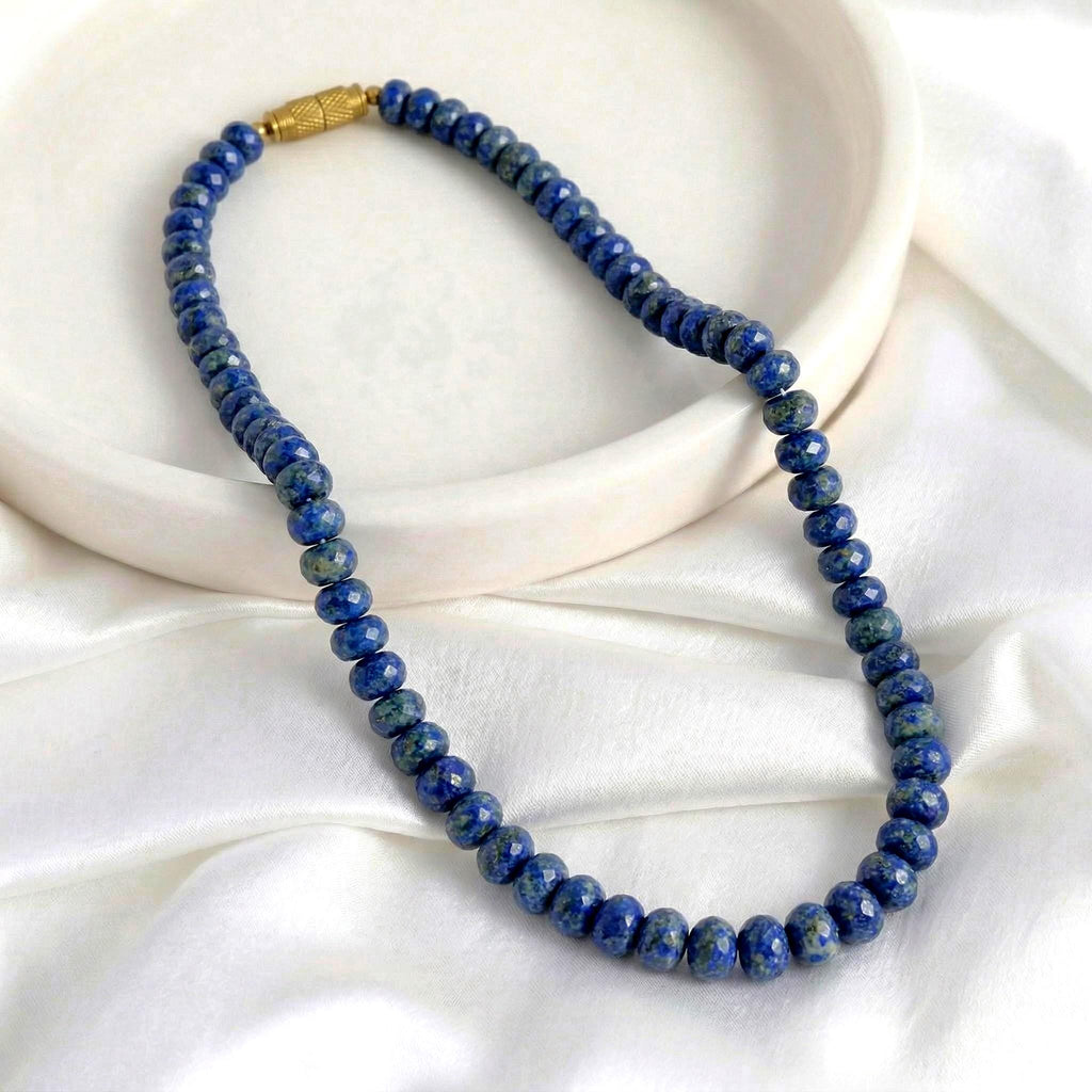 16 Inch Lapis Lazuli Necklace, Pyrite Faceted Rondelle Beads 7-9MM, Blue Gemstone Beaded Necklace, Gift for Her