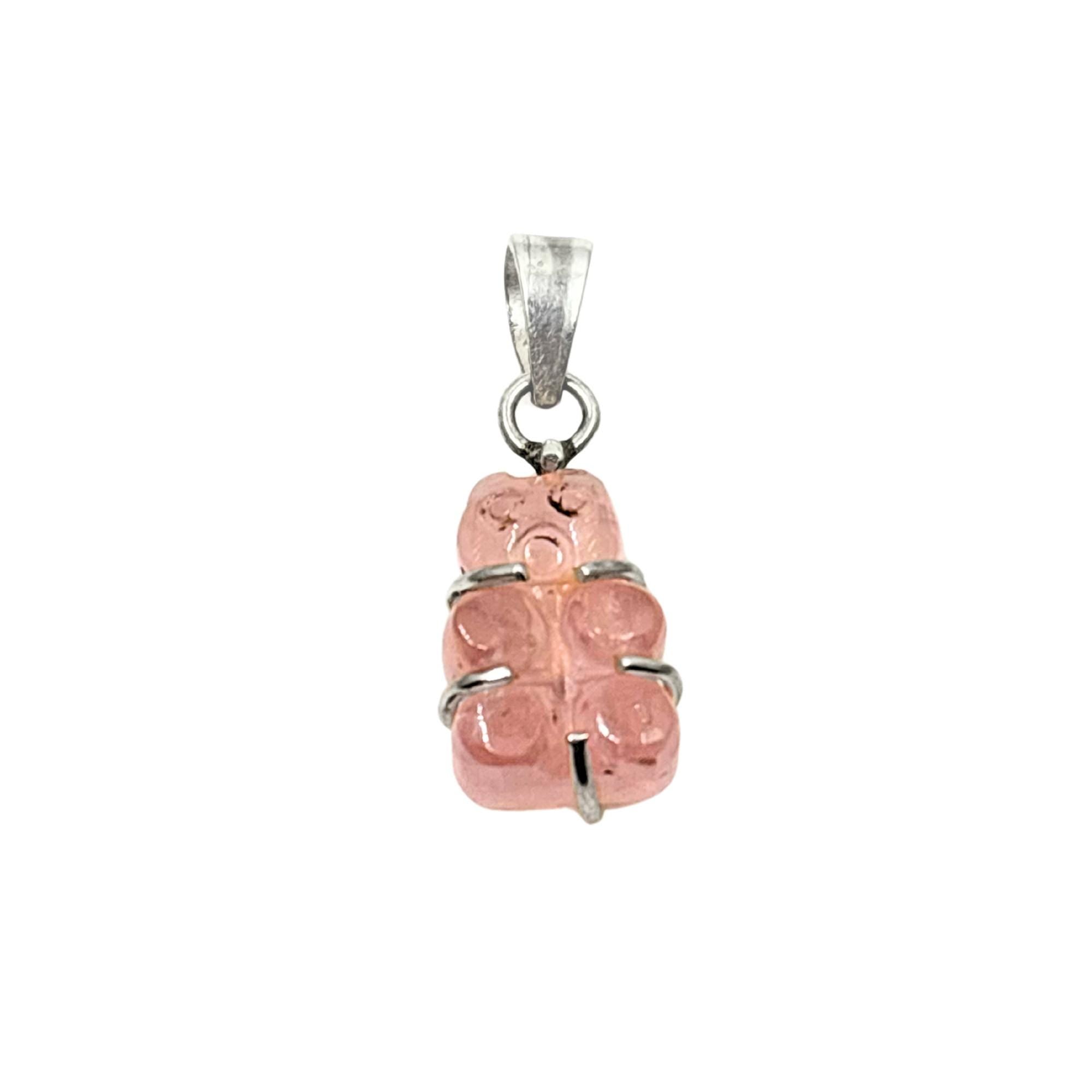 Rose Quartz Teddy Bear Pendant - Sterling Silver Carved Gemstone Charm