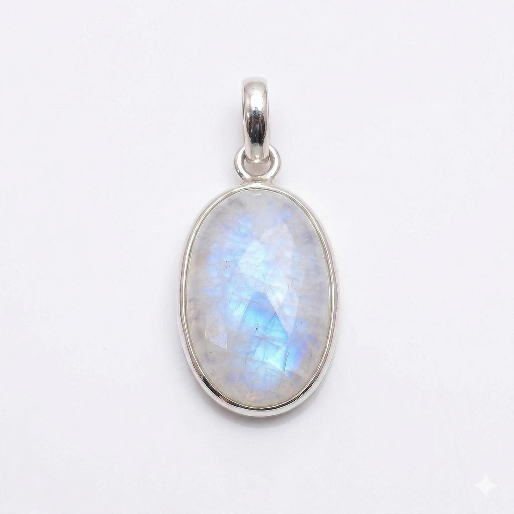 Oval Rainbow Moonstone Pendant – Sterling Silver Boho Gemstone Necklace