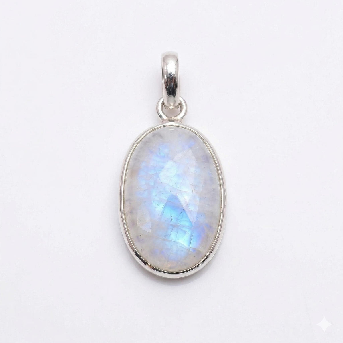 Oval Rainbow Moonstone Pendant – Sterling Silver Boho Gemstone Necklace