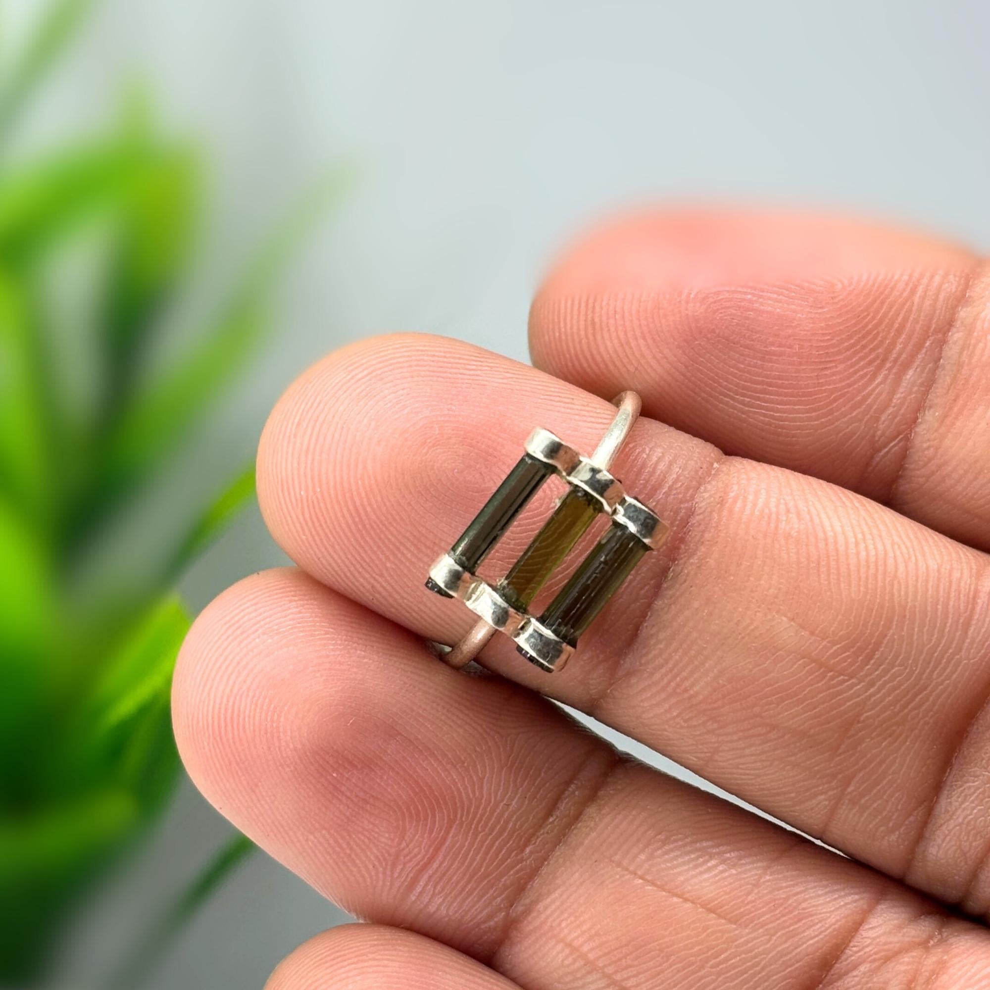 Raw Green Tourmaline Bar Ring: Sterling Silver Stacking Gemstone