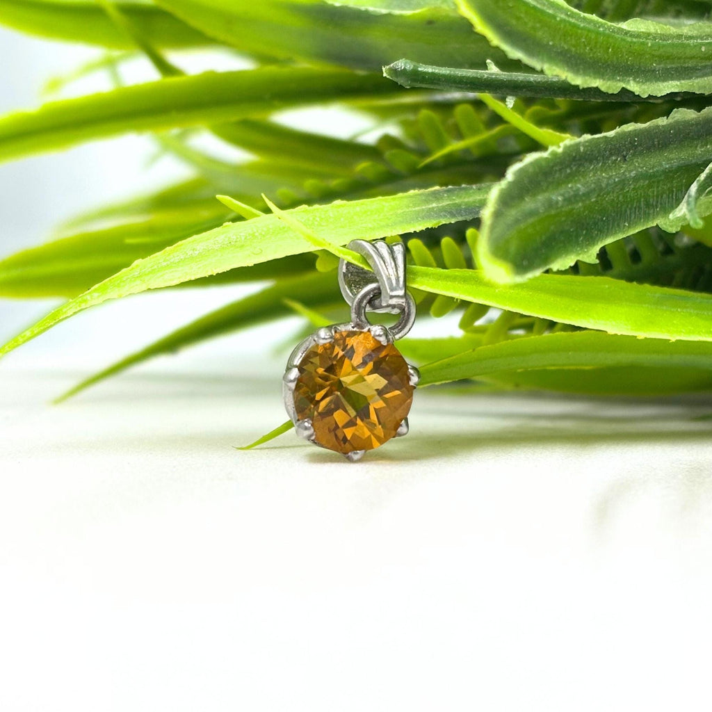 Round Citrine Solitaire Pendant in 925 Sterling Silver – Yellow Gemstone Necklace Charm, Minimalist November Birthstone Jewelry Gift for Her