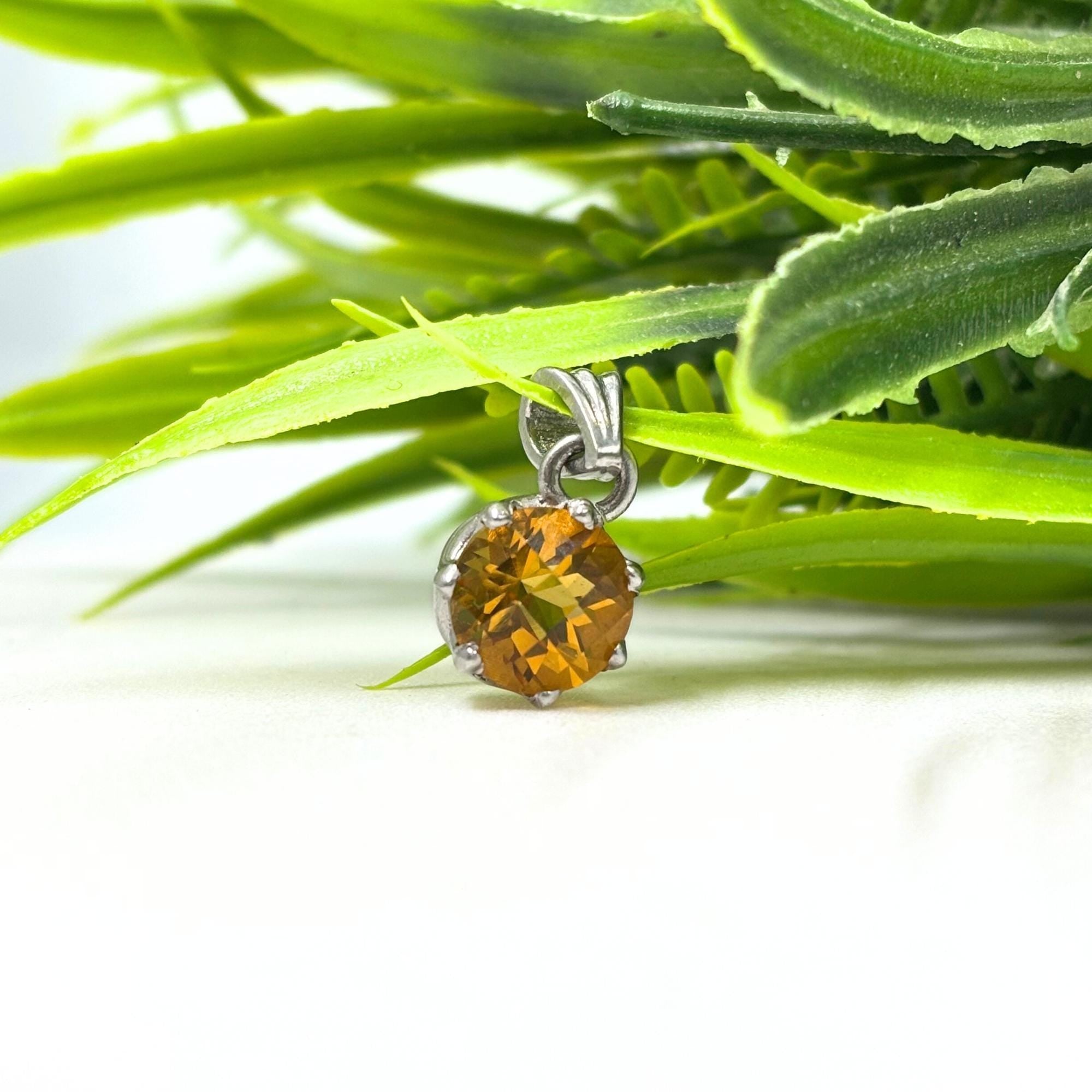 Round Citrine Solitaire Pendant in 925 Sterling Silver – Yellow Gemstone Necklace Charm, Minimalist November Birthstone Jewelry Gift for Her