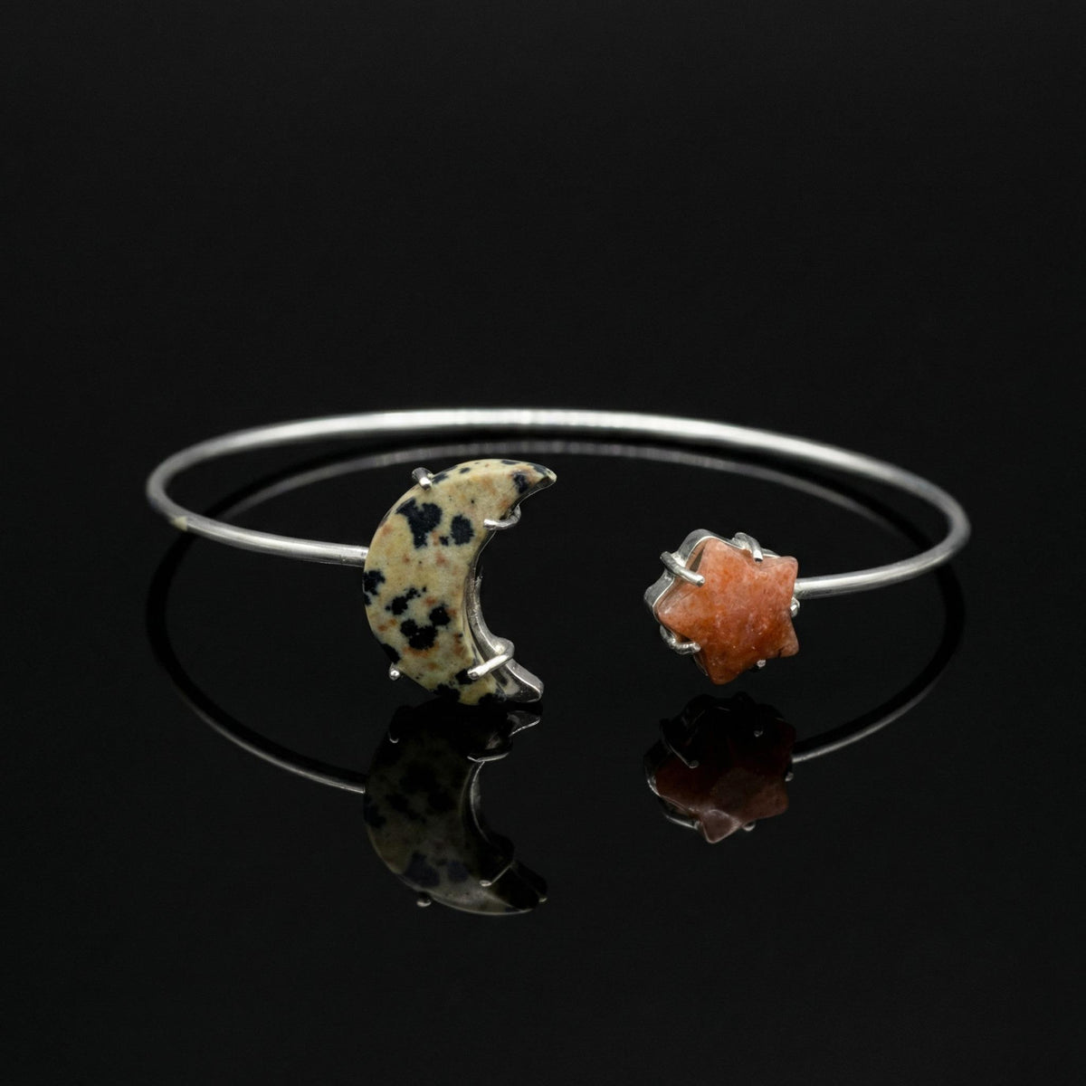 Dalmatian Jasper Sunstone Moon Star Bracelet | Sterling Silver Celestial Cuff Bangle