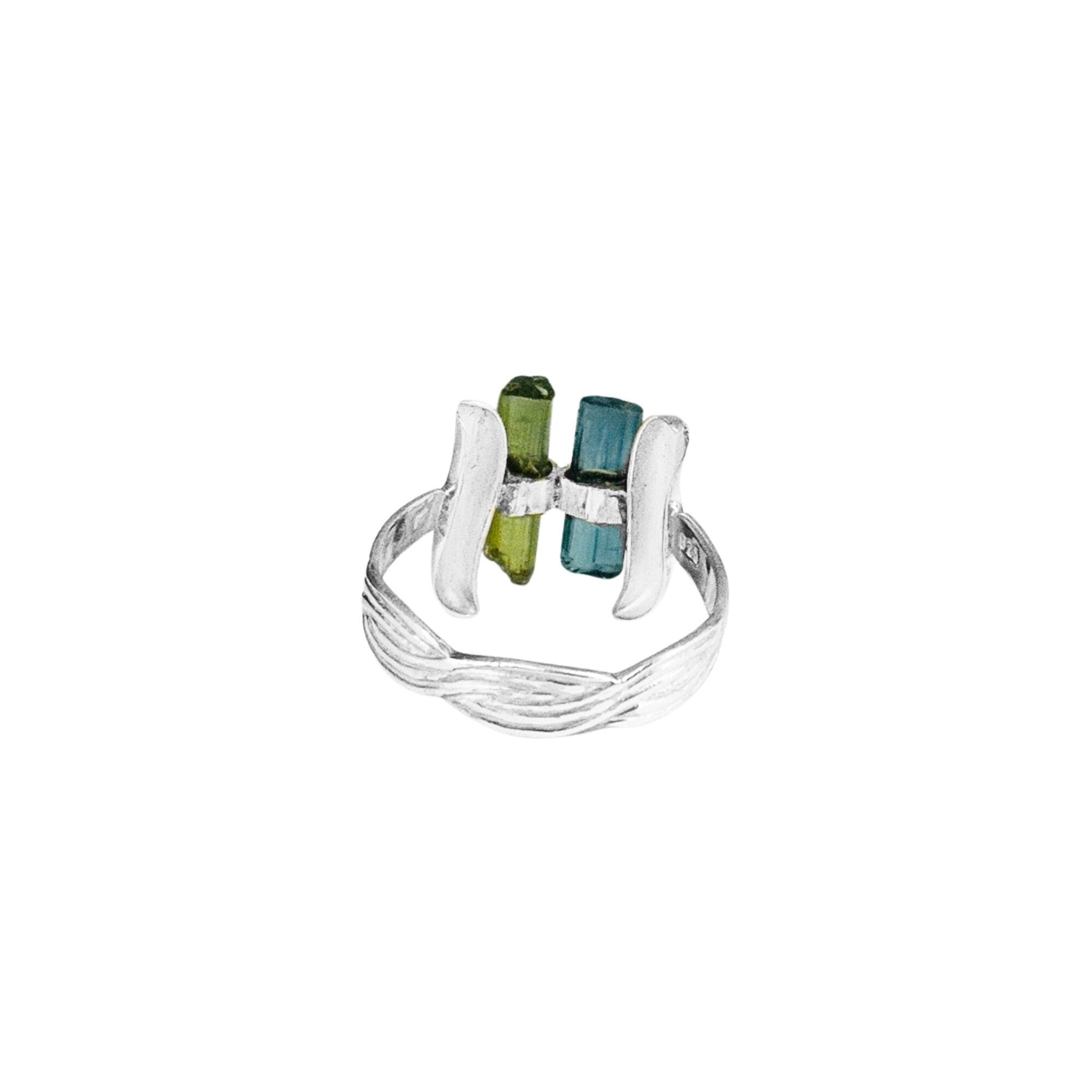 Raw Green & Blue Tourmaline Sterling Silver Ring: Modern Stacking Jewelry