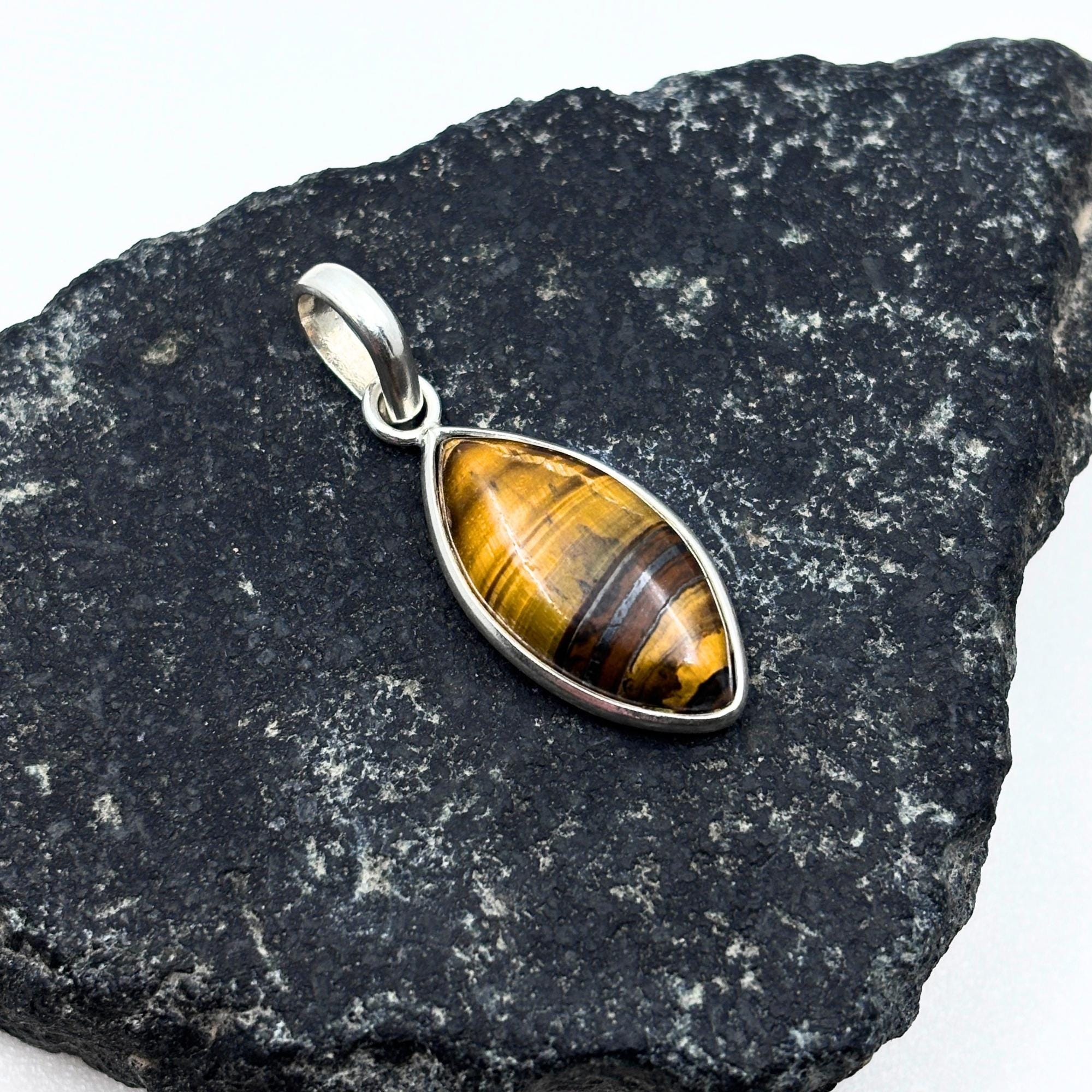 Tiger Eye Pendant Necklace, 925 Sterling Silver Boho Protection Amulet, Healing Crystal Jewelry Gift for Her