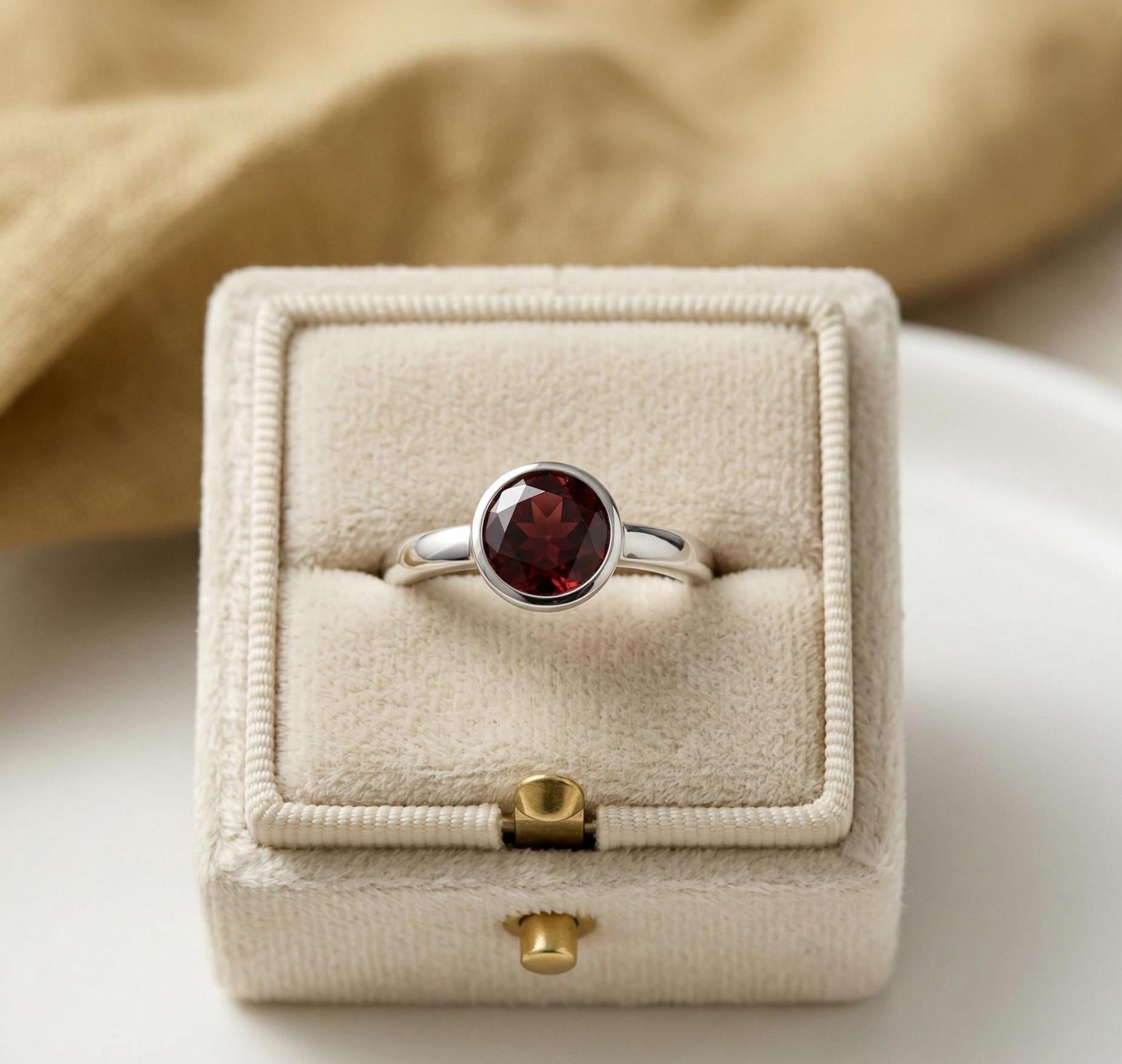 Garnet Round Ring: Sterling Silver, January Birthstone