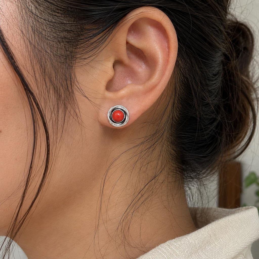 Red Coral Round Stud Earrings 925 Sterling Silver | Gemstone Studs | January Birthstone | Handmade Jewelry