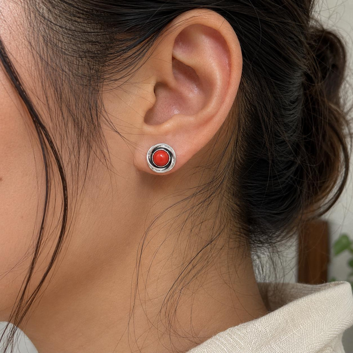Red Coral Round Stud Earrings 925 Sterling Silver | Gemstone Studs | January Birthstone | Handmade Jewelry