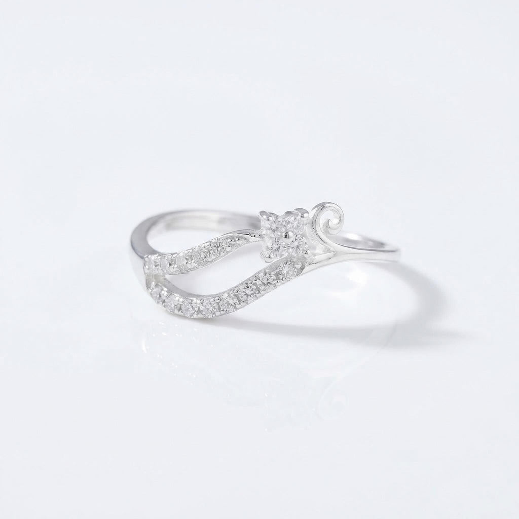 925 Sterling Silver CZ Wave Ring, Swirl Flower Band, Minimalist Stacking Promise Ring