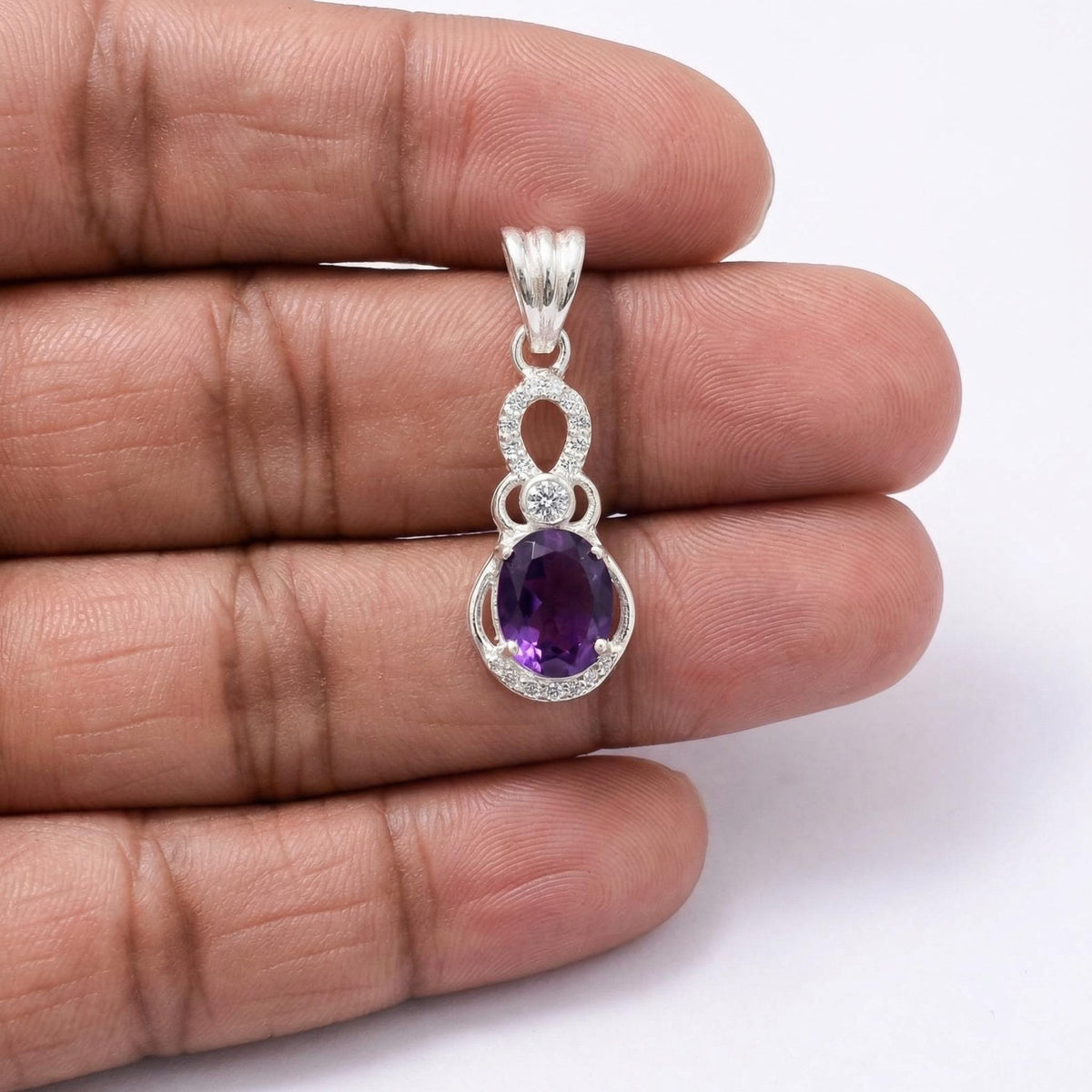 Amethyst Oval Pendant, Sterling Silver Swirl Necklace – February Birthstone Jewelry