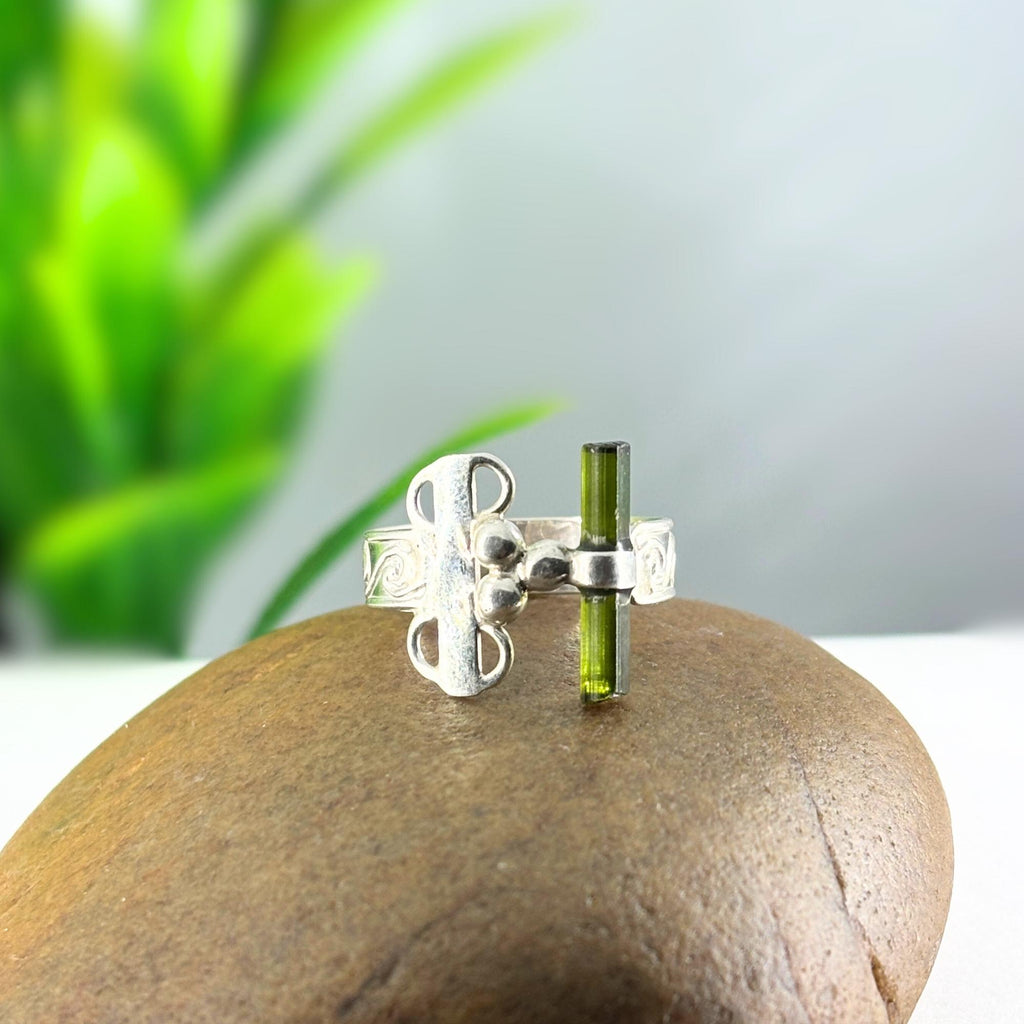 Raw Green Tourmaline Bar Ring: Adjustable Sterling Silver Boho Jewelry