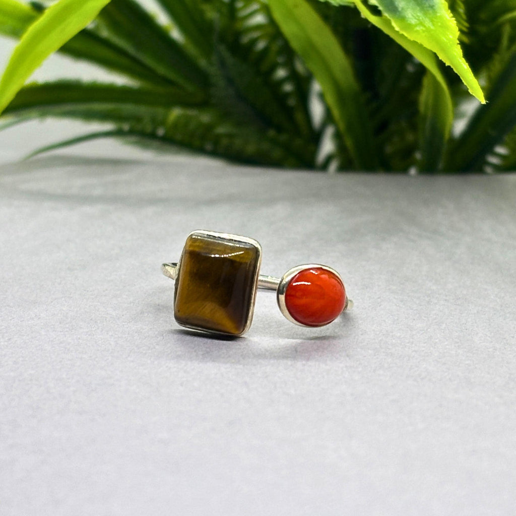 Tiger Eye & Coral 925 Silver Ring: Dual Stone Adjustable Boho Jewelry