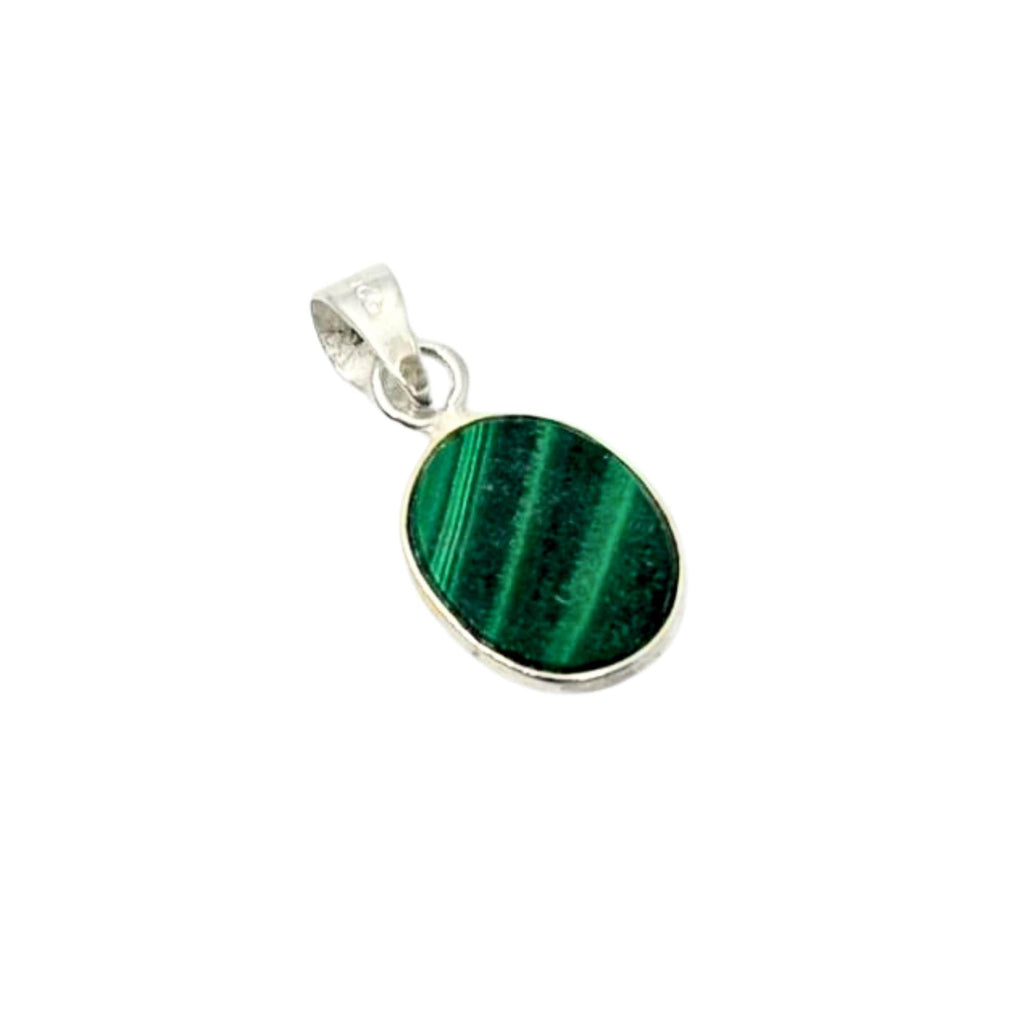 Malachite Pendant Necklace - Oval Green Gemstone, Sterling Silver Charm