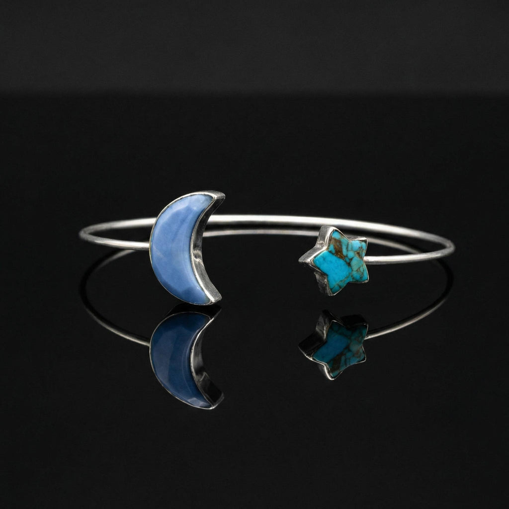 Blue Opal Turquoise Moon Star Bracelet | Sterling Silver Celestial Boho Cuff Bangle