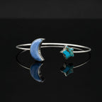 Blue Opal Turquoise Moon Star Bracelet | Sterling Silver Celestial Boho Cuff Bangle