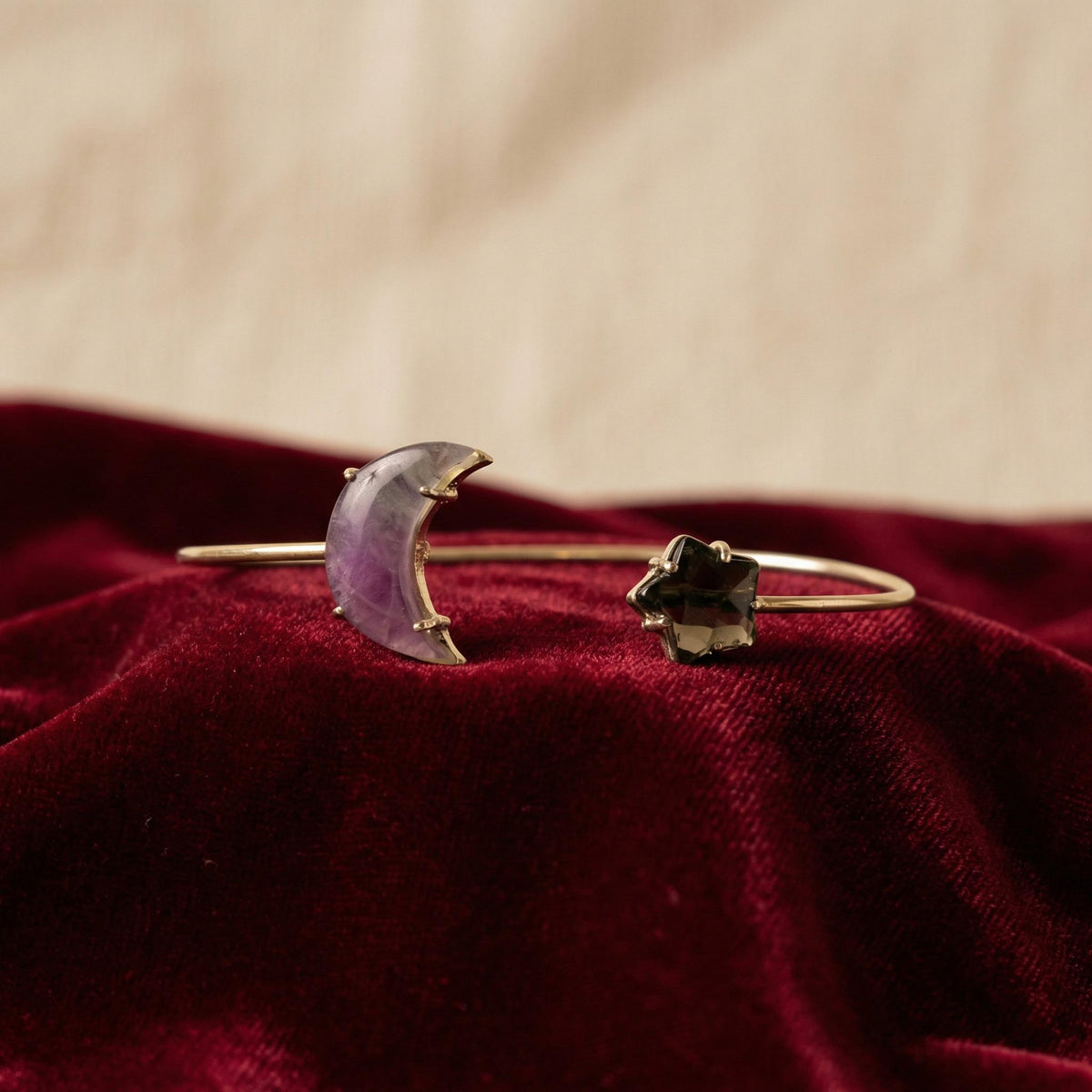 Sterling Silver Celestial Cuff Bracelet | Amethyst Moon, Smoky Quartz Star