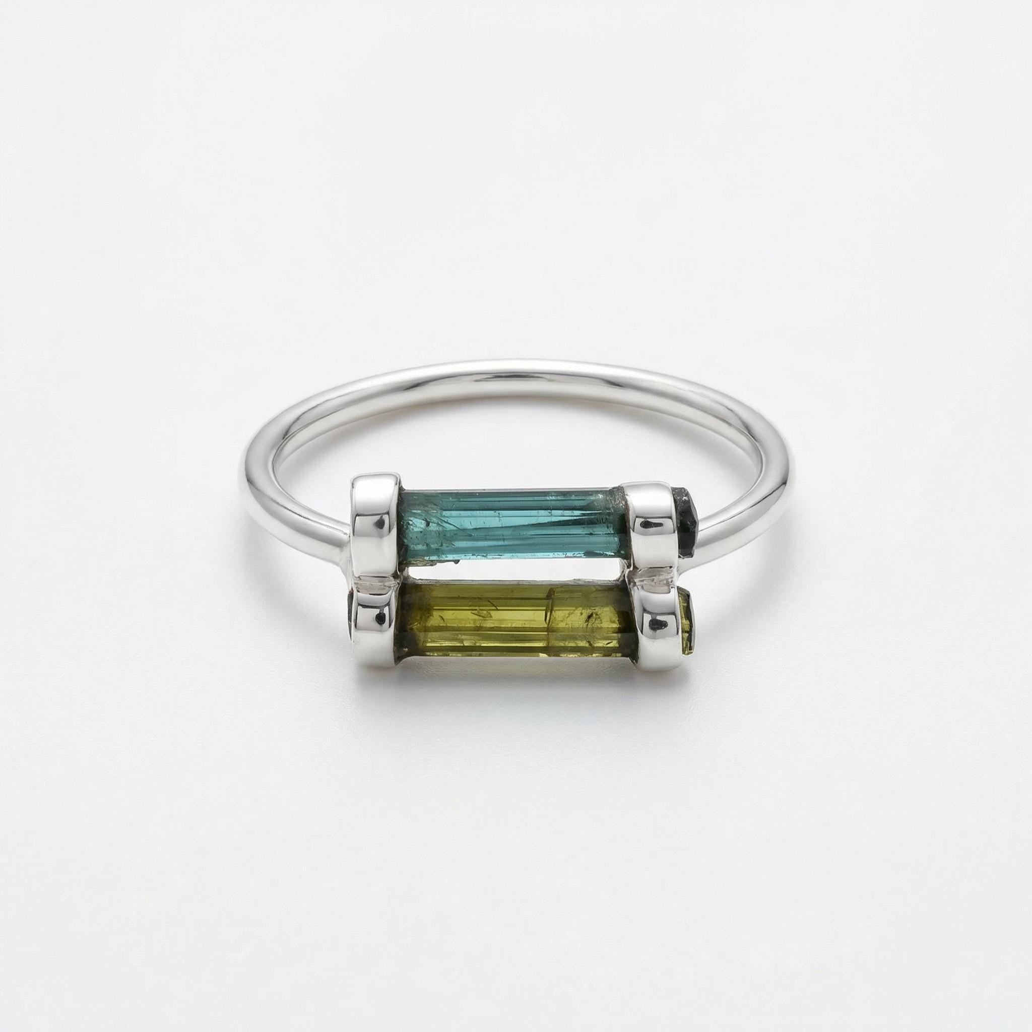 Raw Green & Blue Tourmaline Sterling Silver Ring: Modern Stacking Jewelry