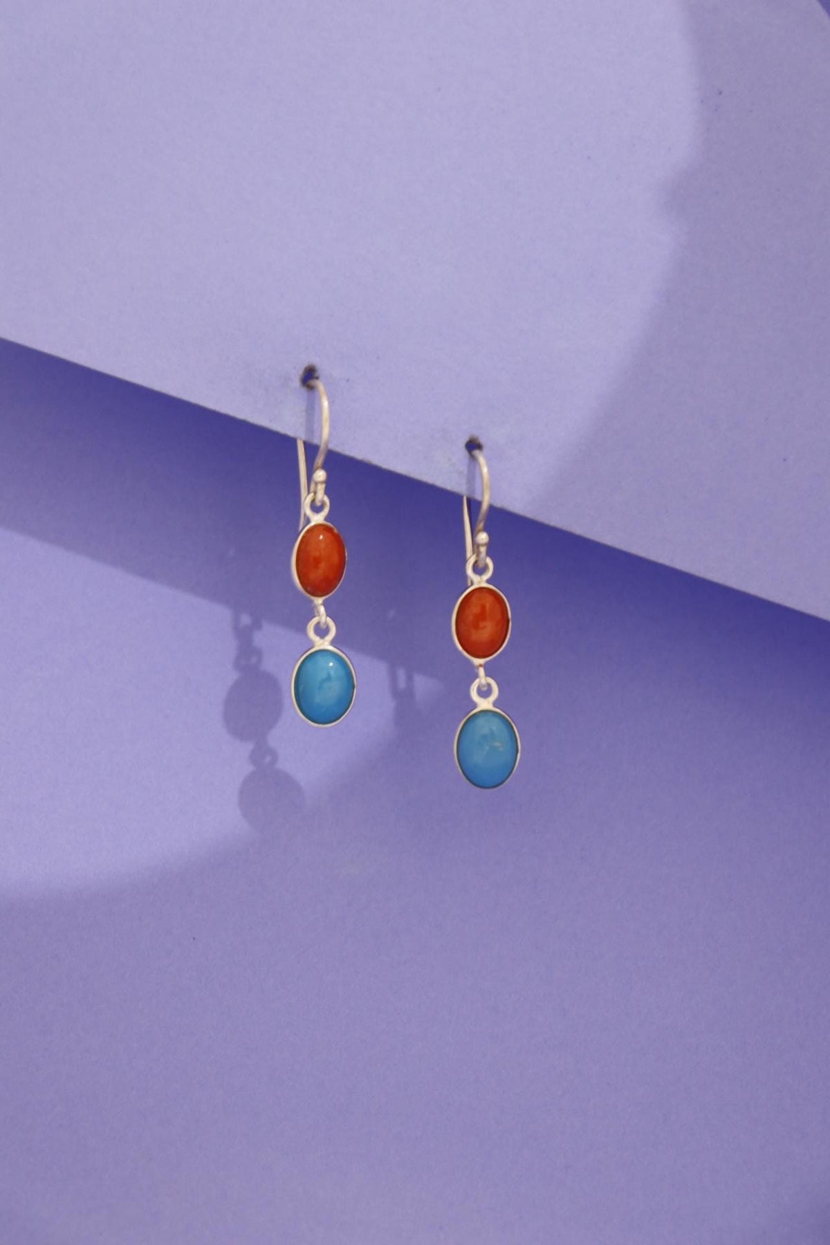 Red Coral Turquoise Oval Drop Earrings | 925 Sterling Silver Dangle Gemstone Jewelry