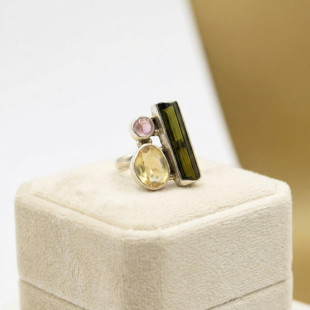 Green Tourmaline, Yellow Sapphire & Pink Tourmaline Sterling Silver Ring