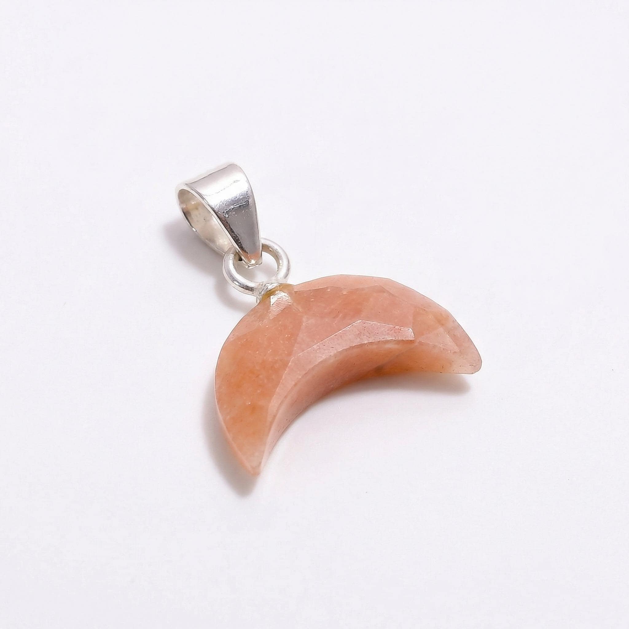 Orange Moonstone Crescent Pendant | 925 Sterling Silver Boho Charm