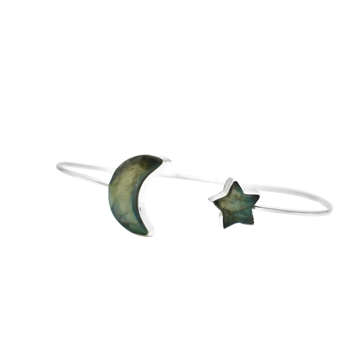 Sterling Silver Labradorite Moon Star Cuff Bangle | Celestial Boho Adjustable Bracelet