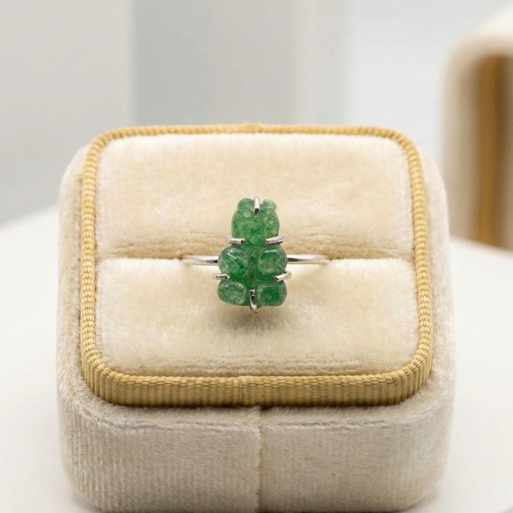 Sterling Silver Green Gemstone Teddy Bear Ring: Handmade Animal Jewelry