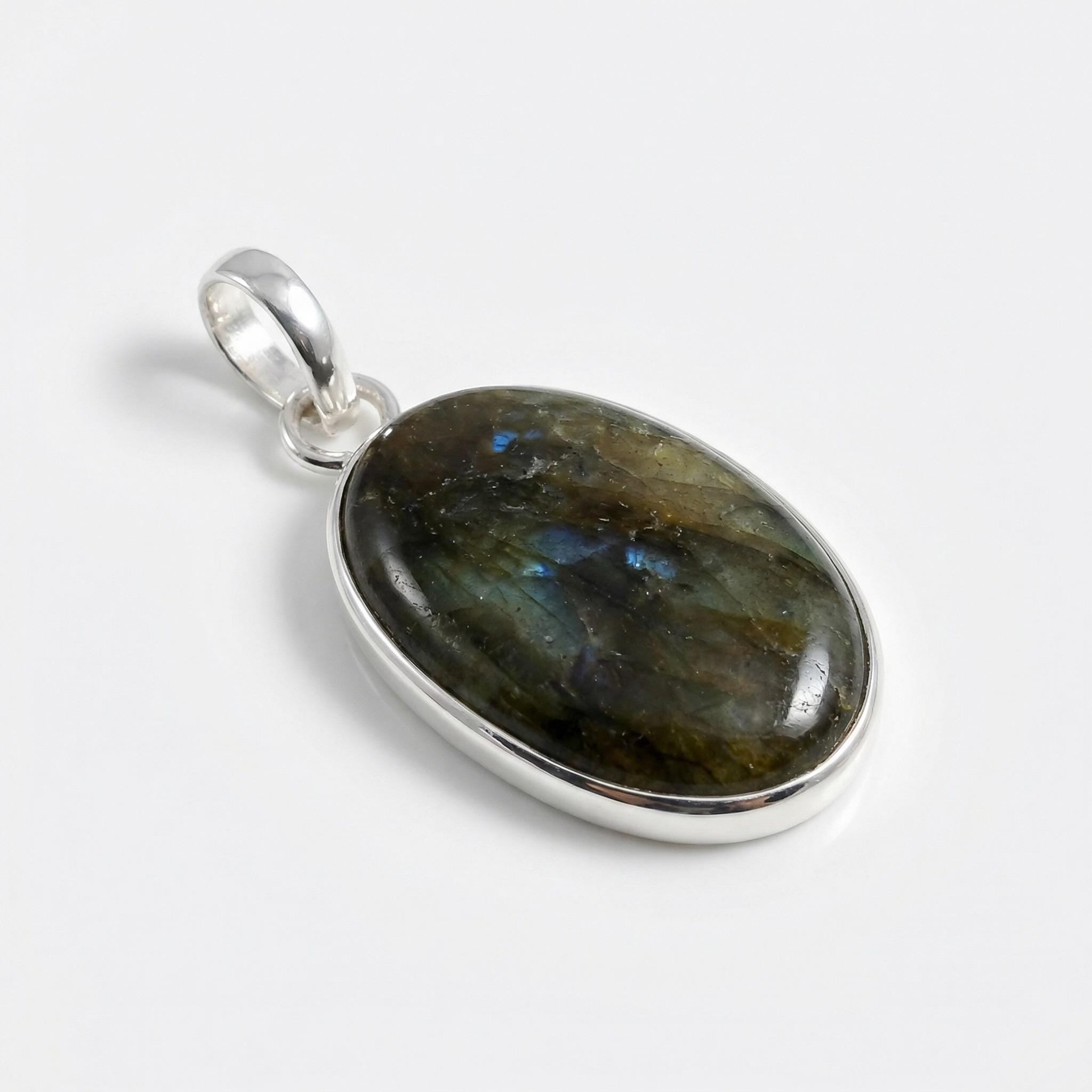 Labradorite Oval Pendant: Sterling Silver Celestial Necklace