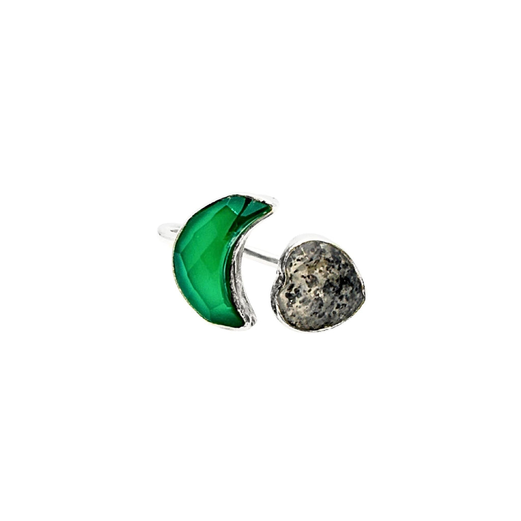 Sterling Silver Green Onyx Moon & Heart Ring: Adjustable Gemstone Band