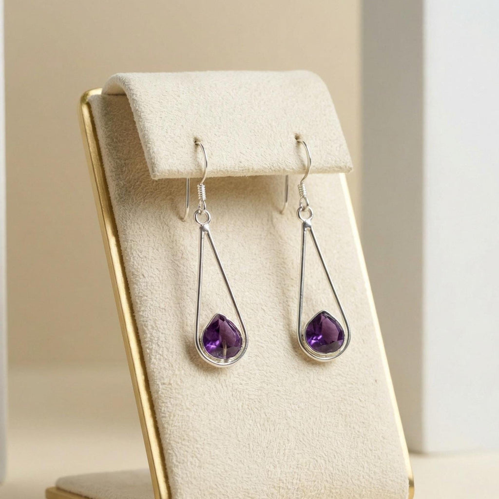 Amethyst Drop Earrings 925 Sterling Silver | Pan Gemstone Dangle | February Birthstone | Handmade Jewelry