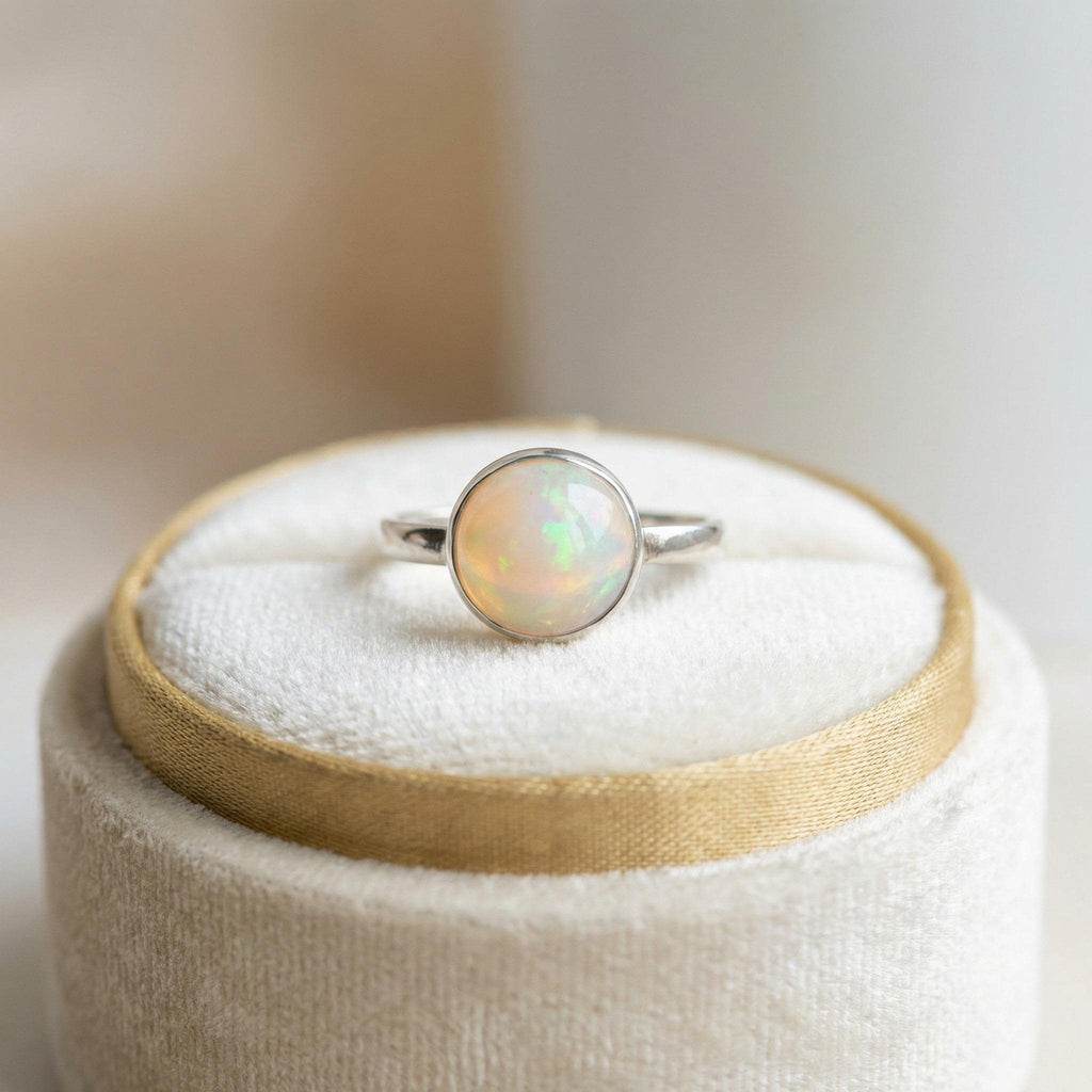 Opal Round Ring – 925 Sterling Silver, Natural Opal Cabochon, Handmade Statement Jewelry