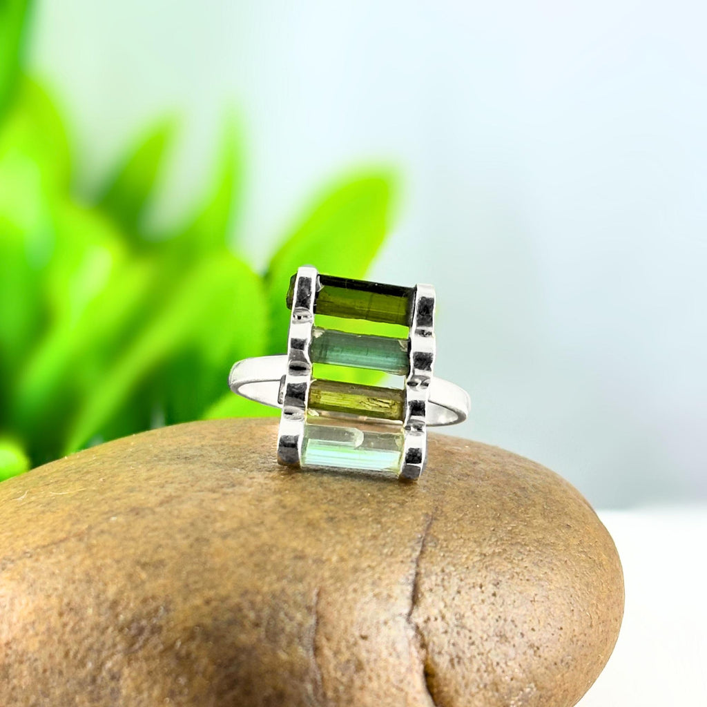 Raw Green Tourmaline Bar Ring: Sterling Silver October Birthstone