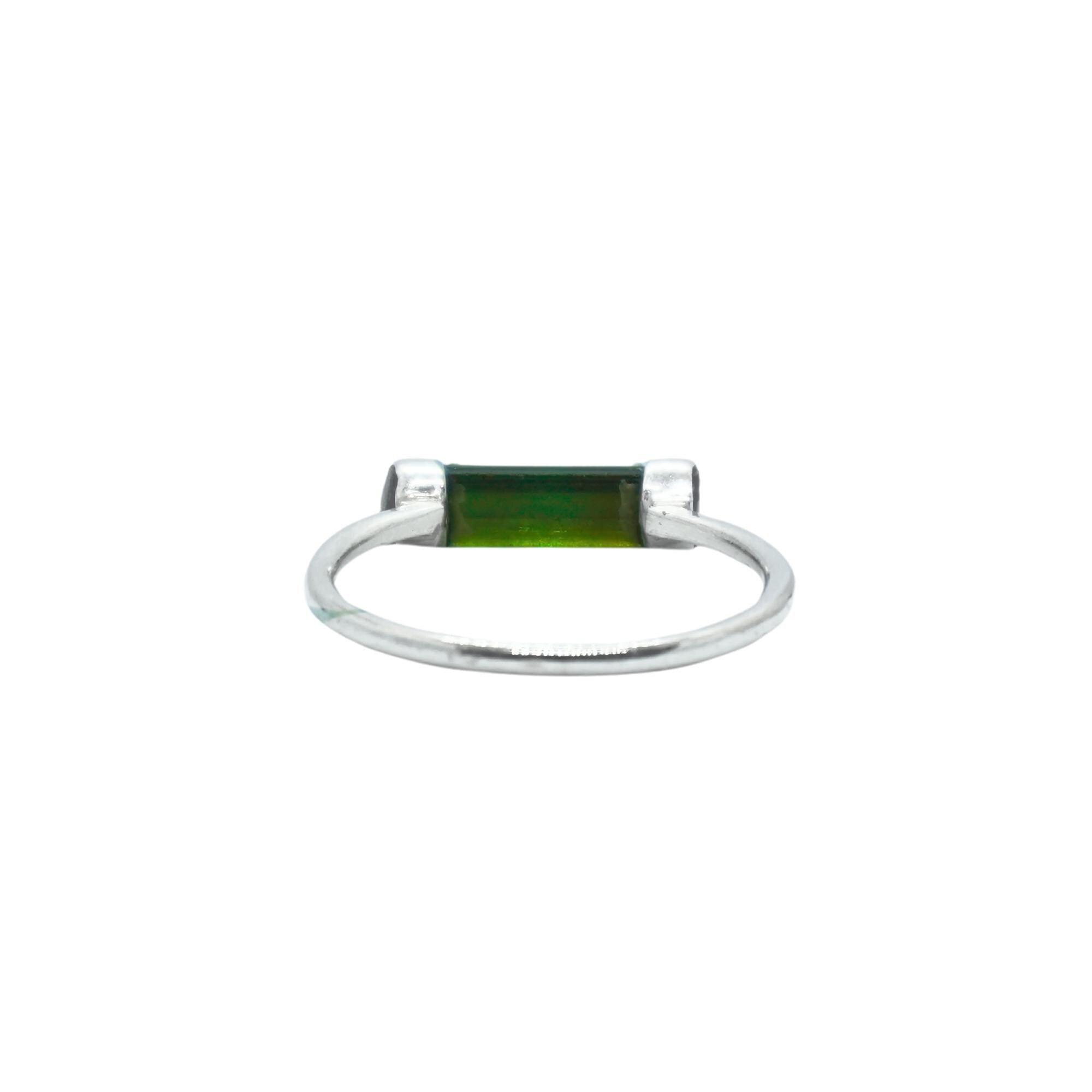 Raw Green Tourmaline Bar Ring: Handcrafted Sterling Silver Minimalist Ring