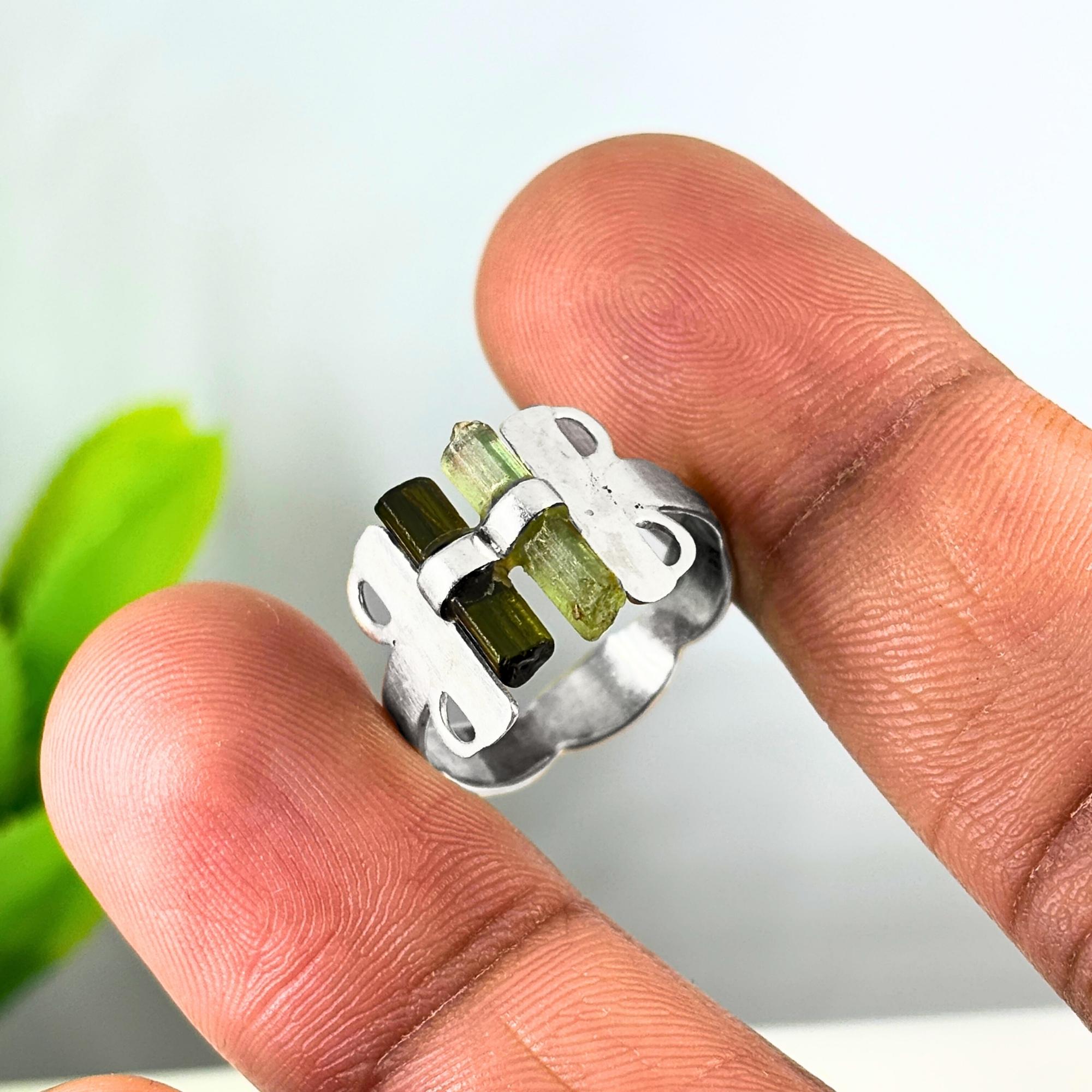 Raw Green Tourmaline Bar Sterling Silver Ring | Handmade Gemstone Stacking Ring | Minimalist Modern Jewelry
