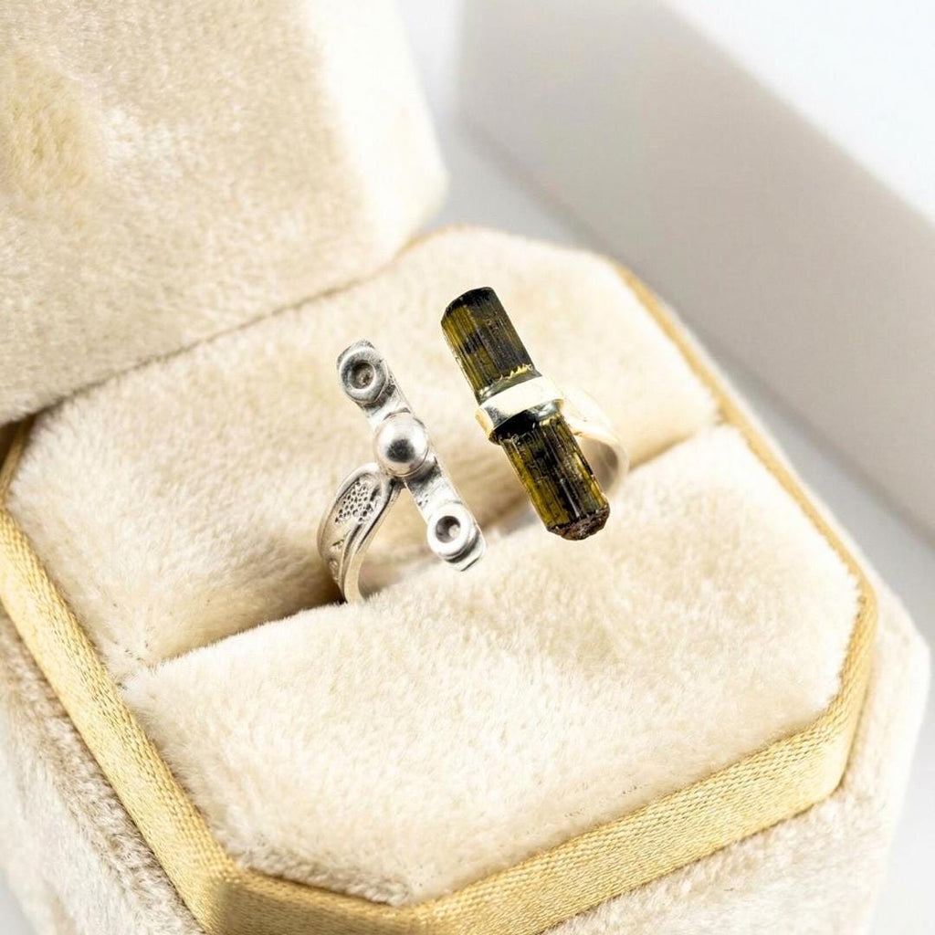 Raw Green Tourmaline Bar Ring: Adjustable Sterling Silver Boho Jewelry