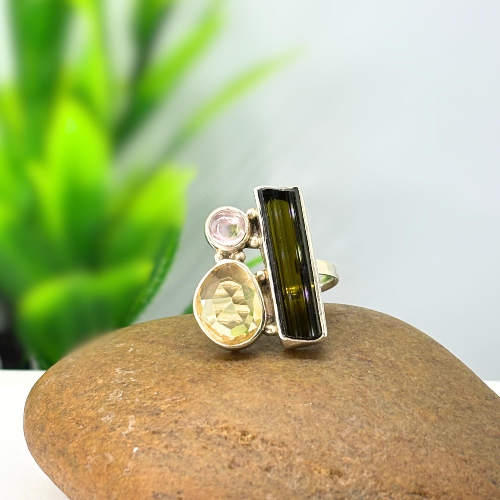 Green Tourmaline, Yellow Sapphire & Pink Tourmaline Sterling Silver Ring
