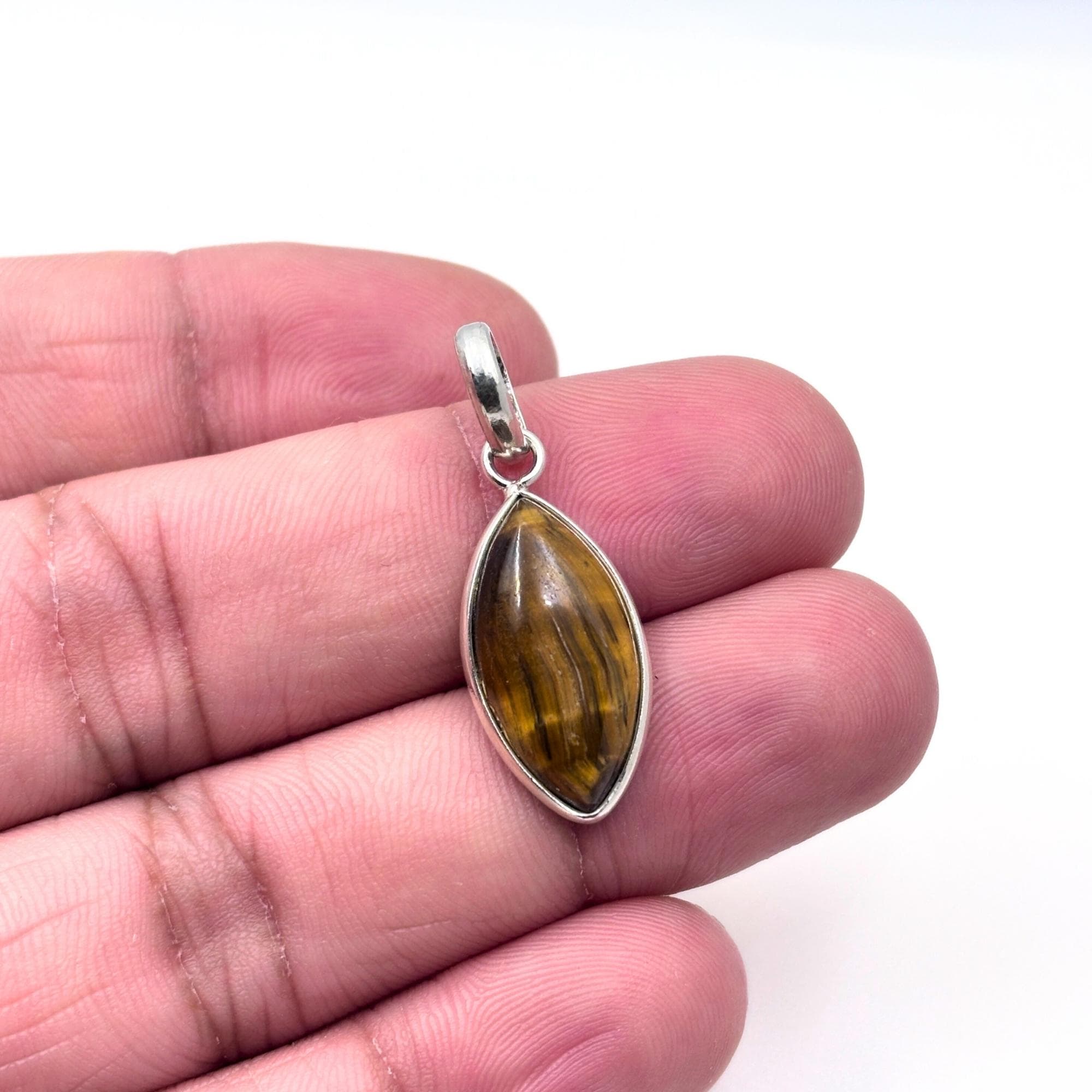 Tiger Eye Pendant Necklace, 925 Sterling Silver Boho Protection Amulet, Healing Crystal Jewelry Gift for Her
