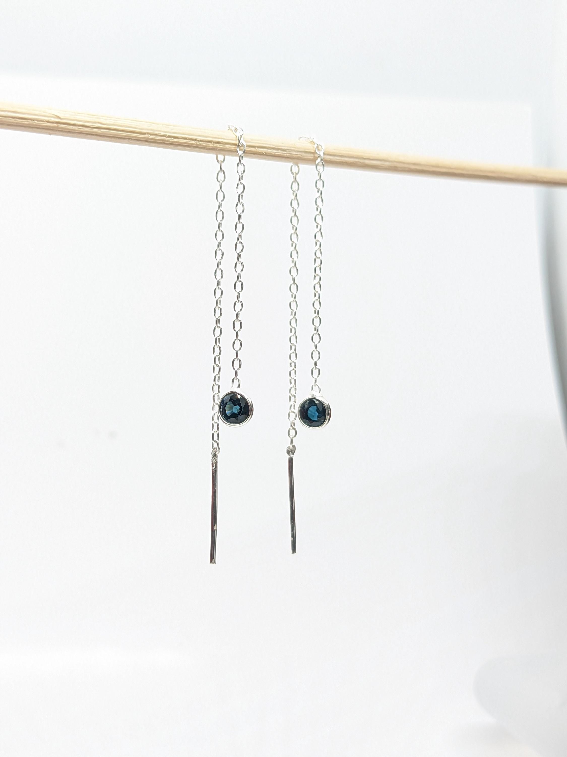 Blue Sapphire Threader Earrings | 925 Sterling Silver Dainty Chain Drop Jewelry