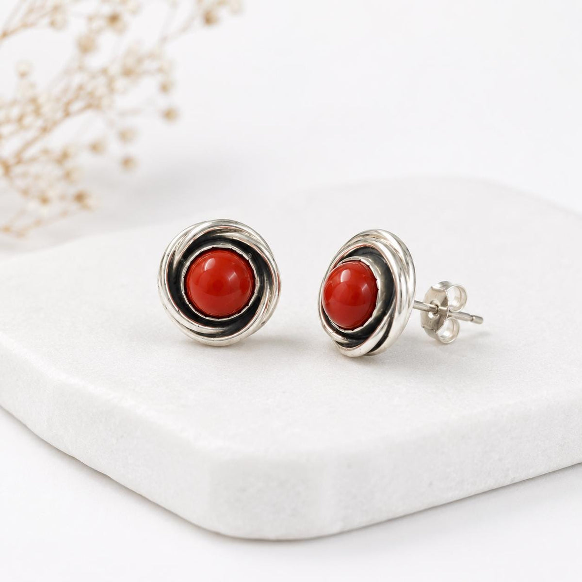 Red Coral Round Stud Earrings 925 Sterling Silver | Gemstone Studs | January Birthstone | Handmade Jewelry