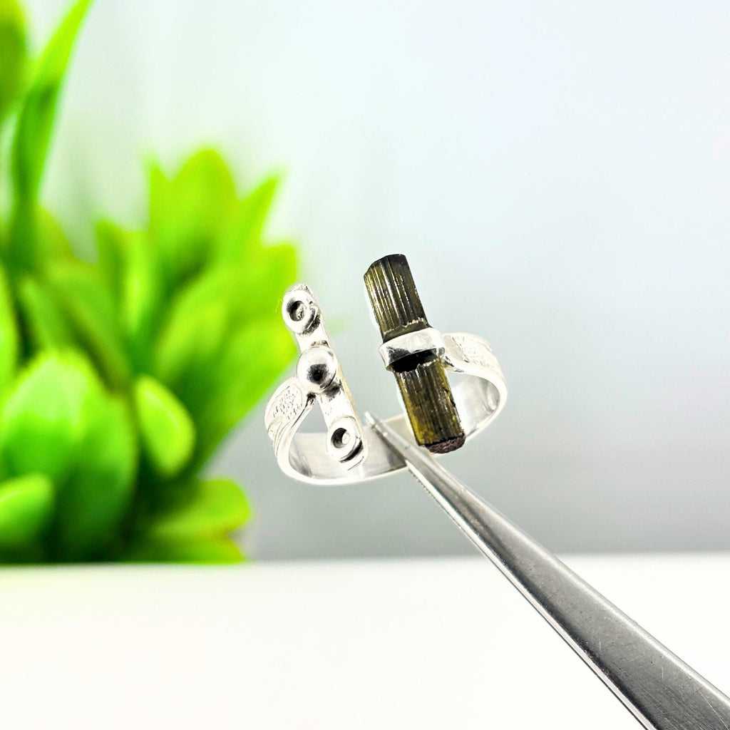 Raw Green Tourmaline Bar Ring: Adjustable Sterling Silver Boho Jewelry