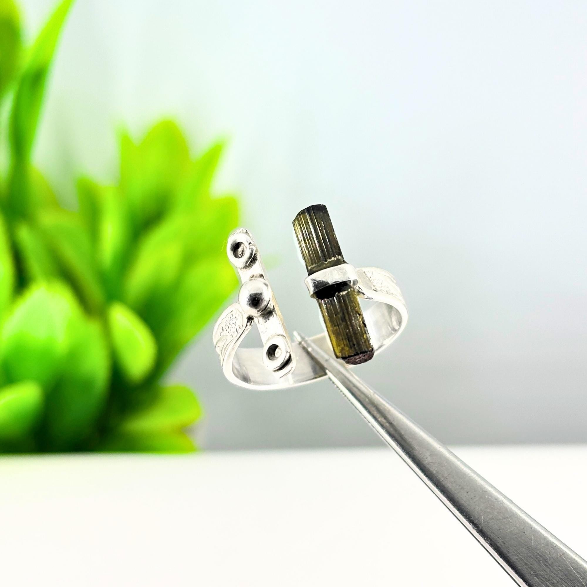 Raw Green Tourmaline Bar Ring: Adjustable Sterling Silver Boho Jewelry